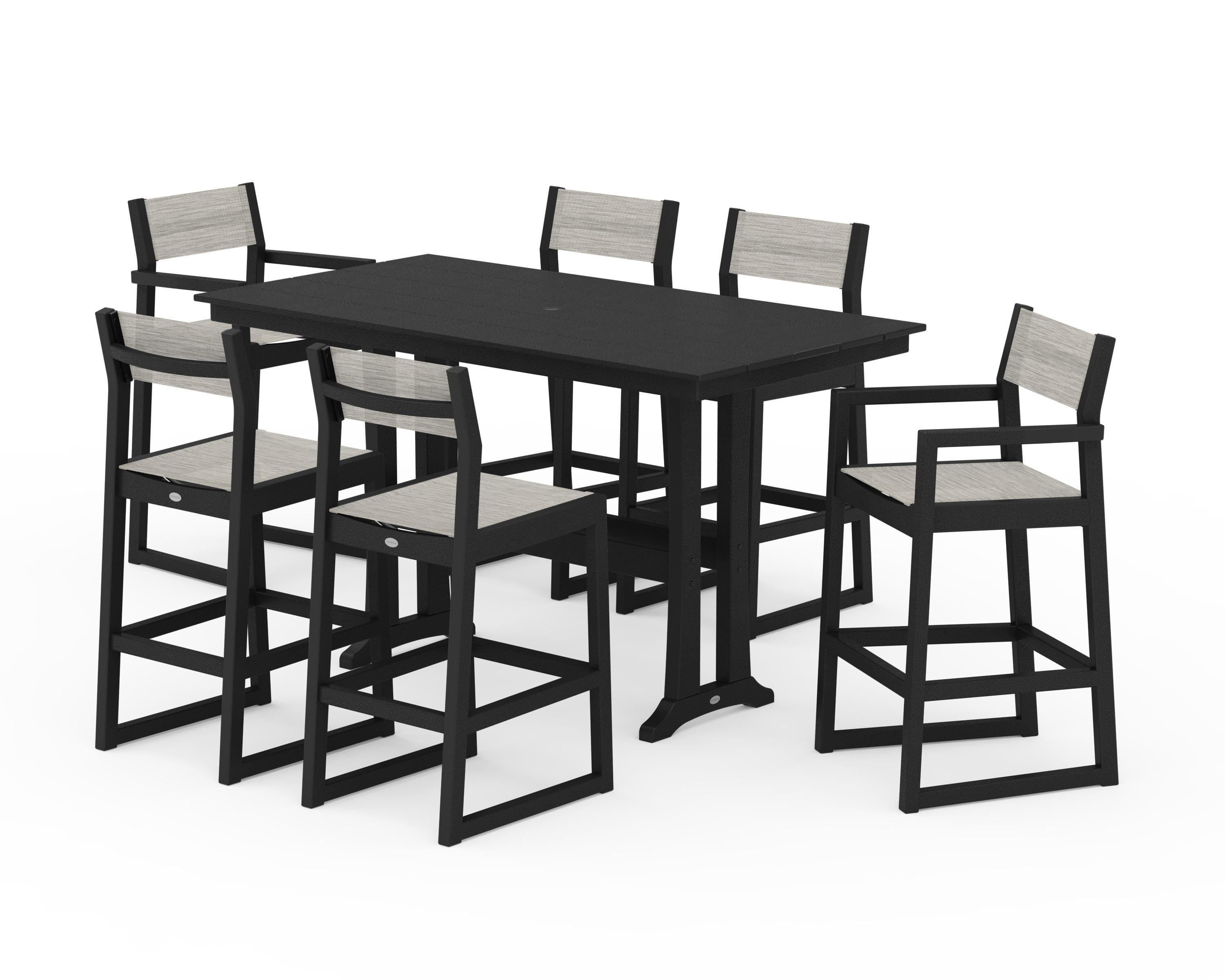 POLYWOOD® EDGE Sling 7-Piece Farmhouse Bar Set with Trestle Legs in Black / Birch Sling