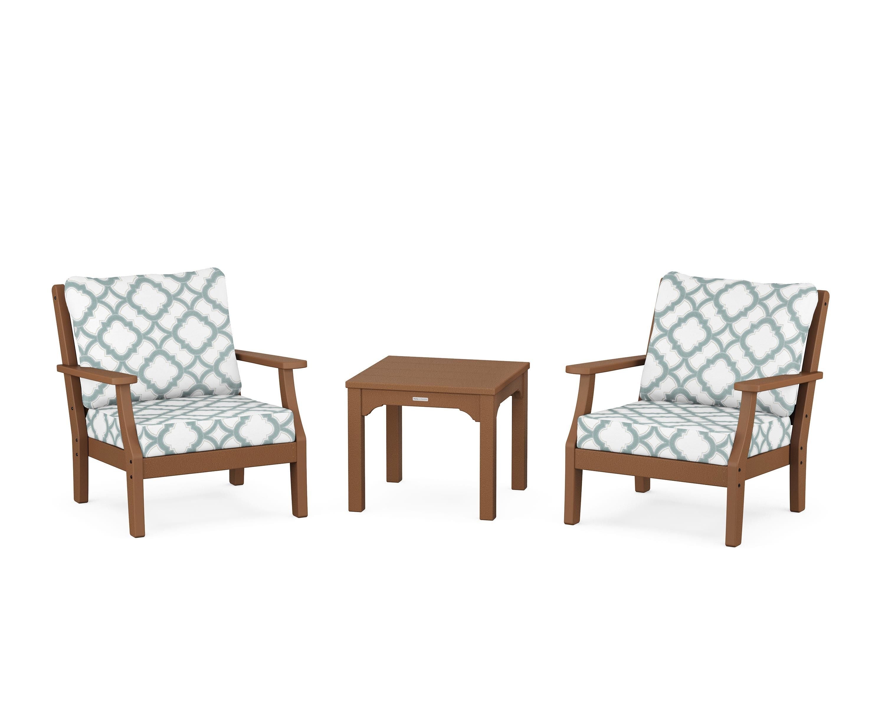 Martha Stewart by POLYWOOD® Chinoiserie 3-Piece Deep Seating Set in Teak / Trellis Glacier Spa