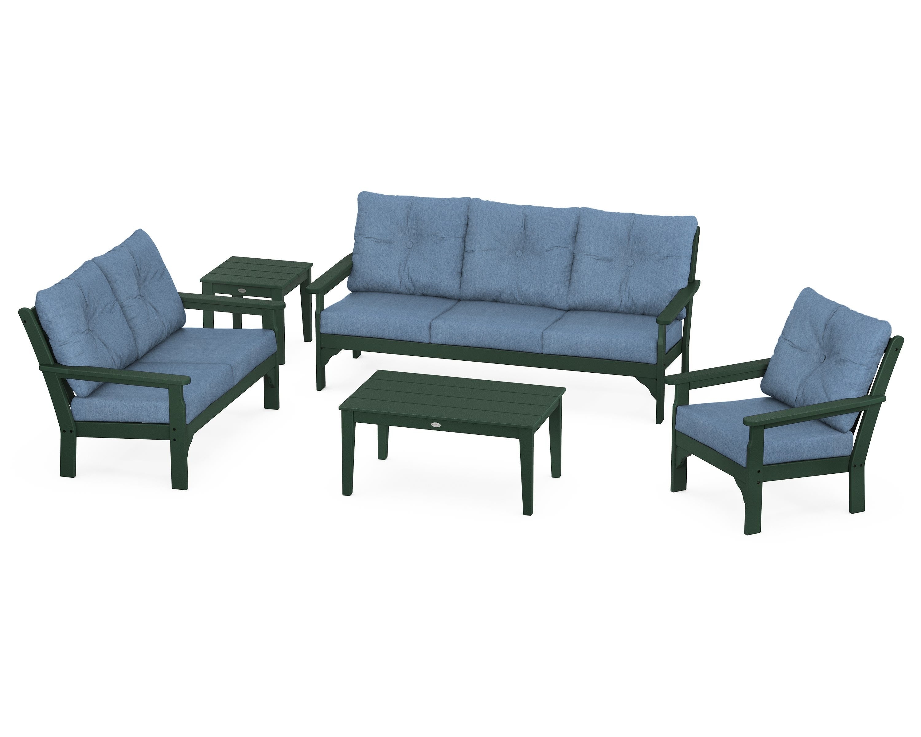 POLYWOOD® Vineyard 5 Piece Deep Seating Set in Green / Sky Blue