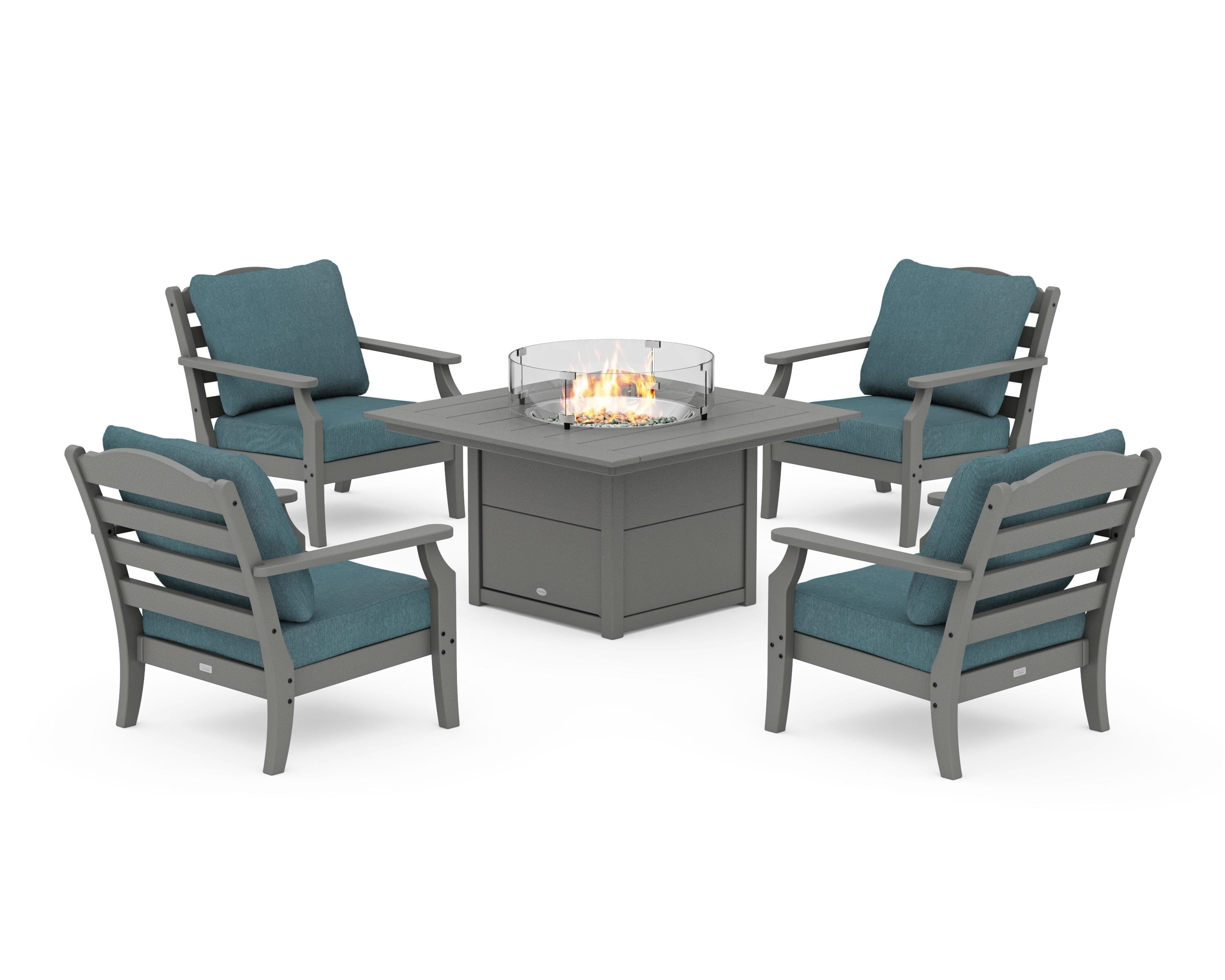 Draper James™ by POLYWOOD® Savannah 5-Piece Deep Seating Set with Fire Pit Table in Slate Grey / Ocean Teal