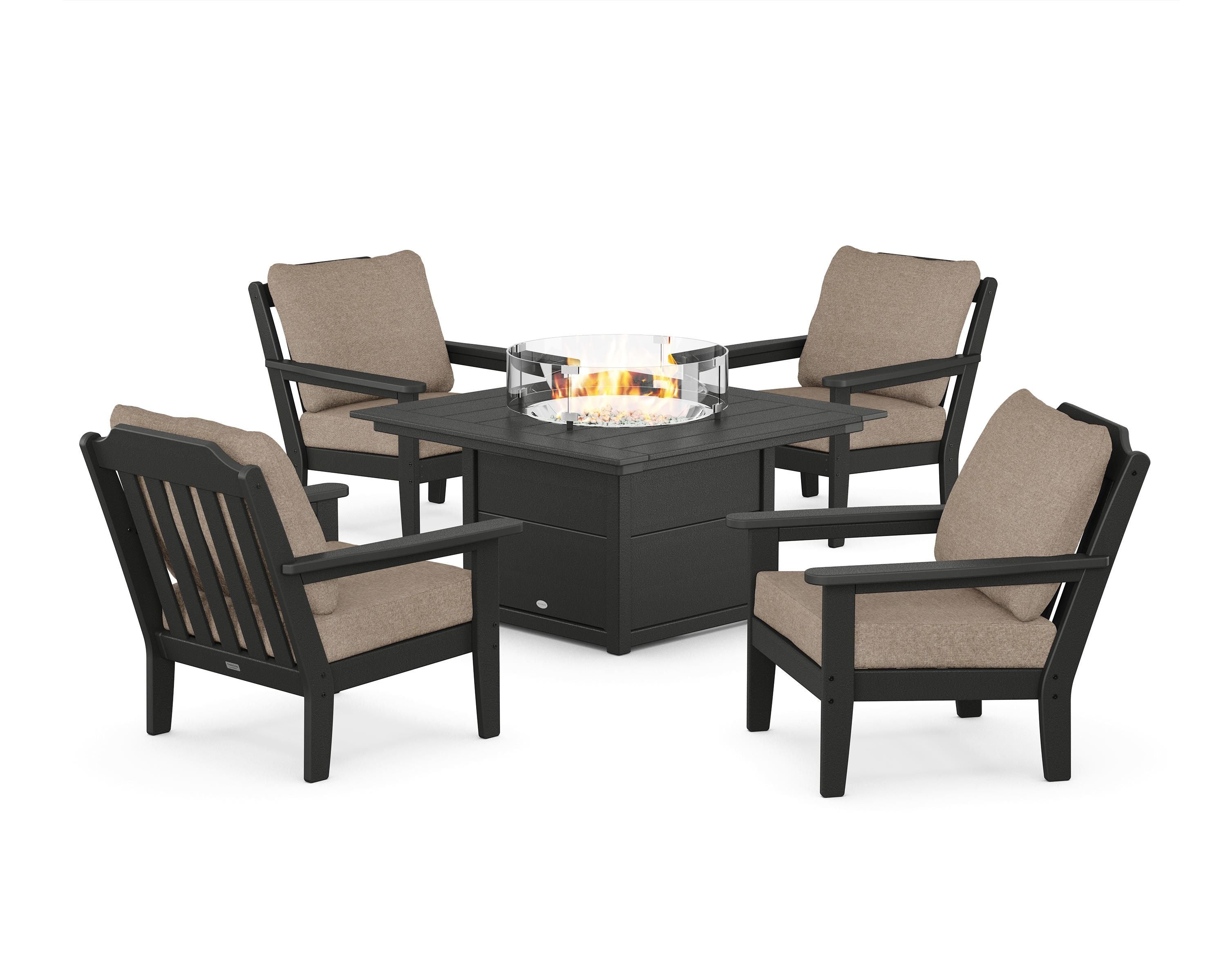 Country Living Cottage 5-Piece Deep Seating Set with Fire Pit Table in Black / Spiced Burlap
