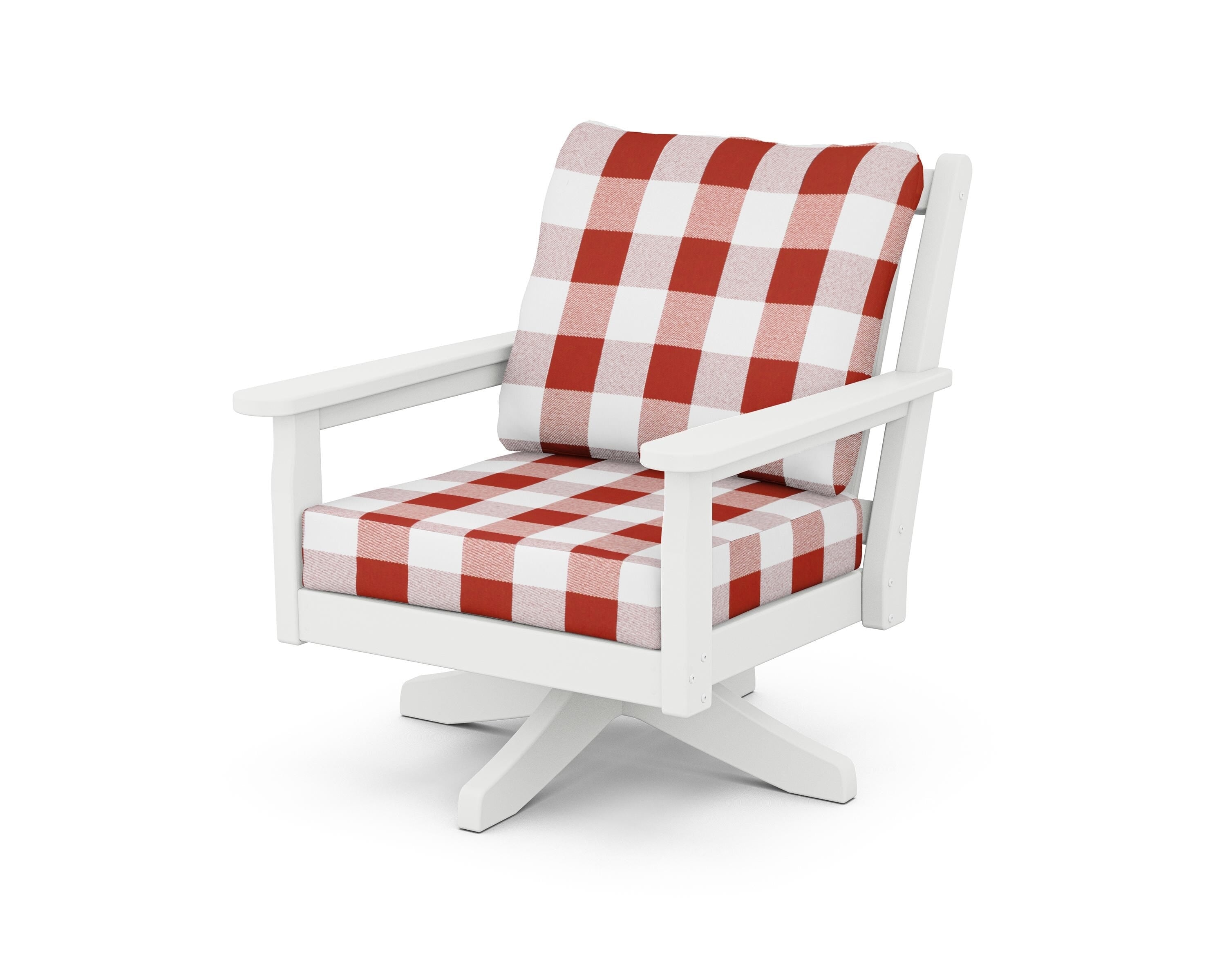 POLYWOOD® Chippendale Deep Seating Swivel Chair in White / Buffalo Plaid Crimson