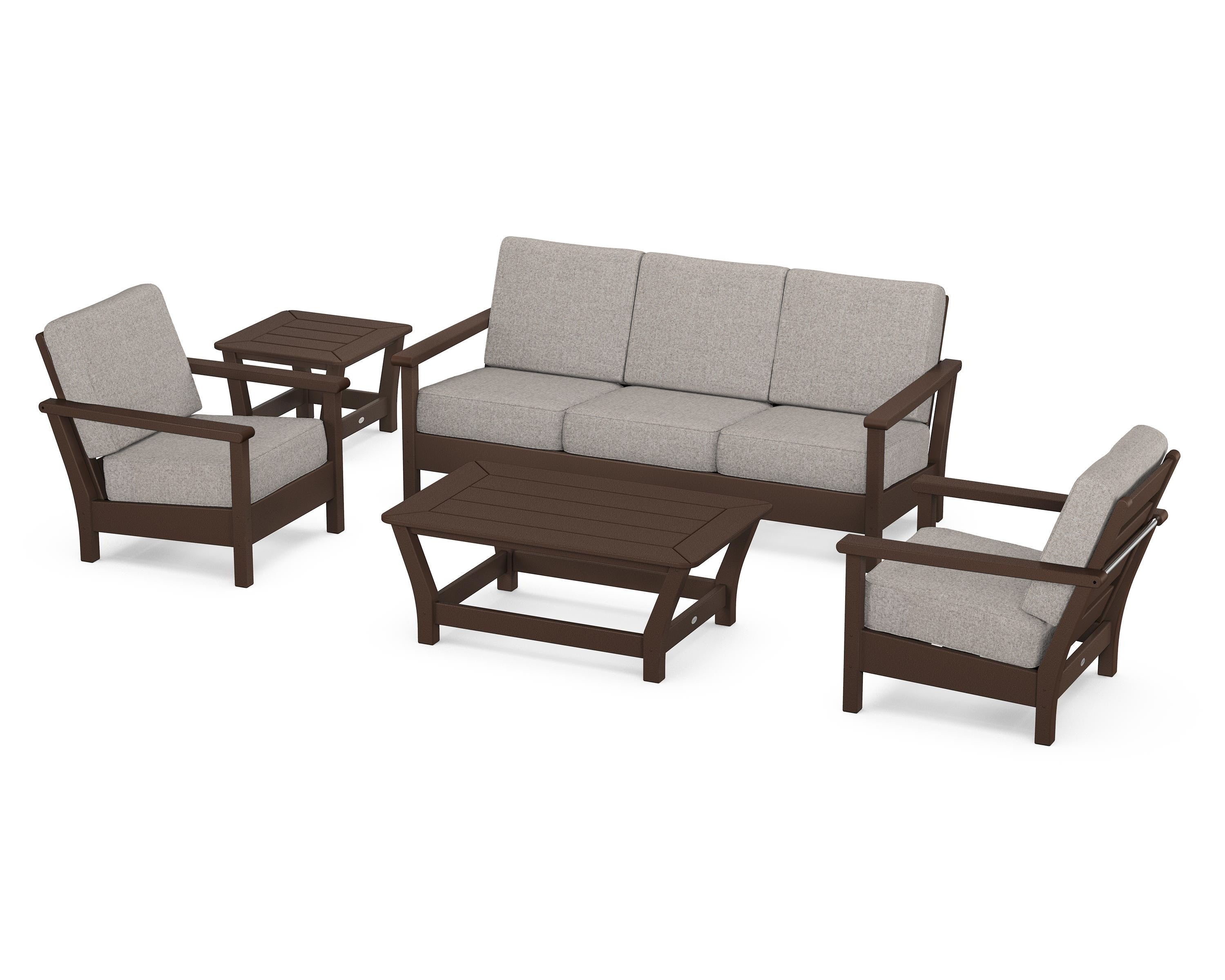 POLYWOOD® Harbour 5-Piece Deep Seating Set in Mahogany / Weathered Tweed