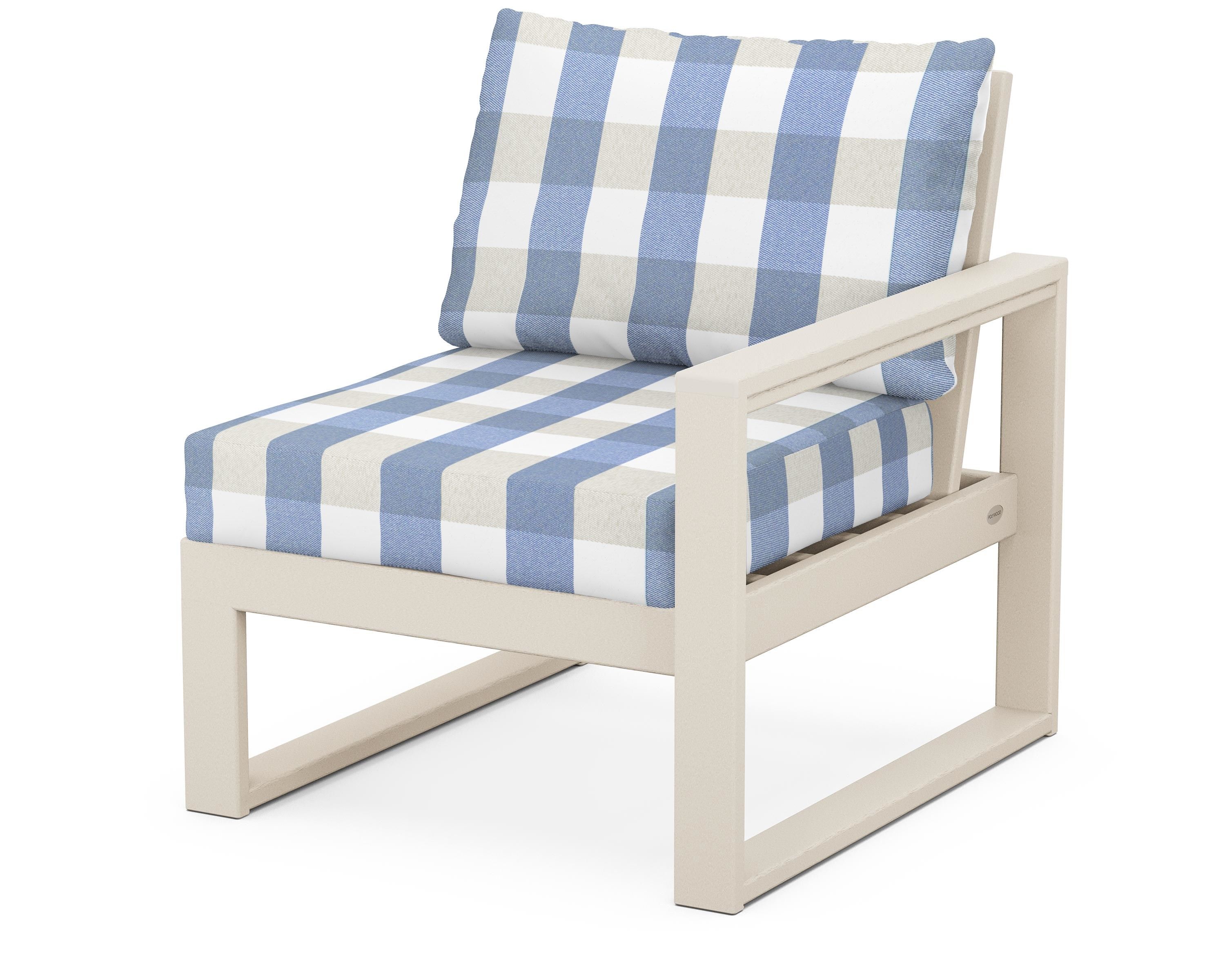 POLYWOOD® EDGE Modular Right Arm Chair in Sand / Buffalo Plaid Sky Blue