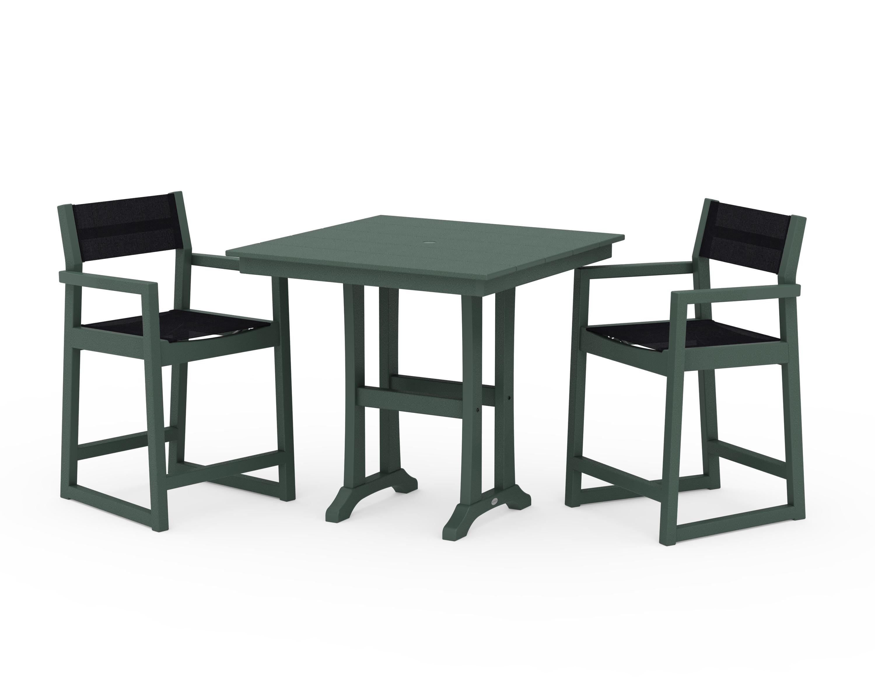 POLYWOOD® EDGE Sling Arm Chair 3-Piece Farmhouse Counter Set with Trestle Legs in Green / Black Sling