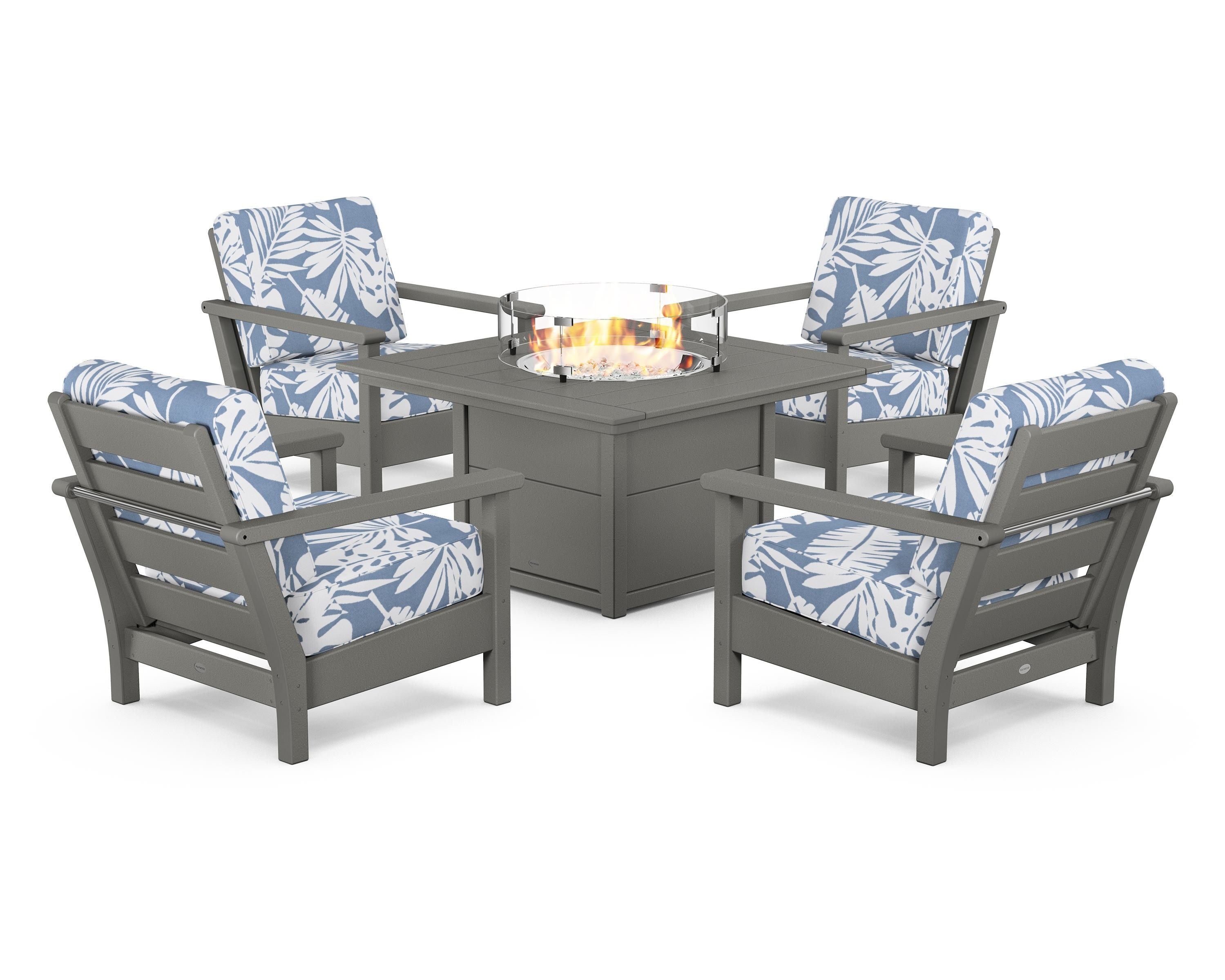 POLYWOOD® Harbour 5-Piece Conversation Set with Fire Pit Table in Slate Grey / Leaf Sky Blue