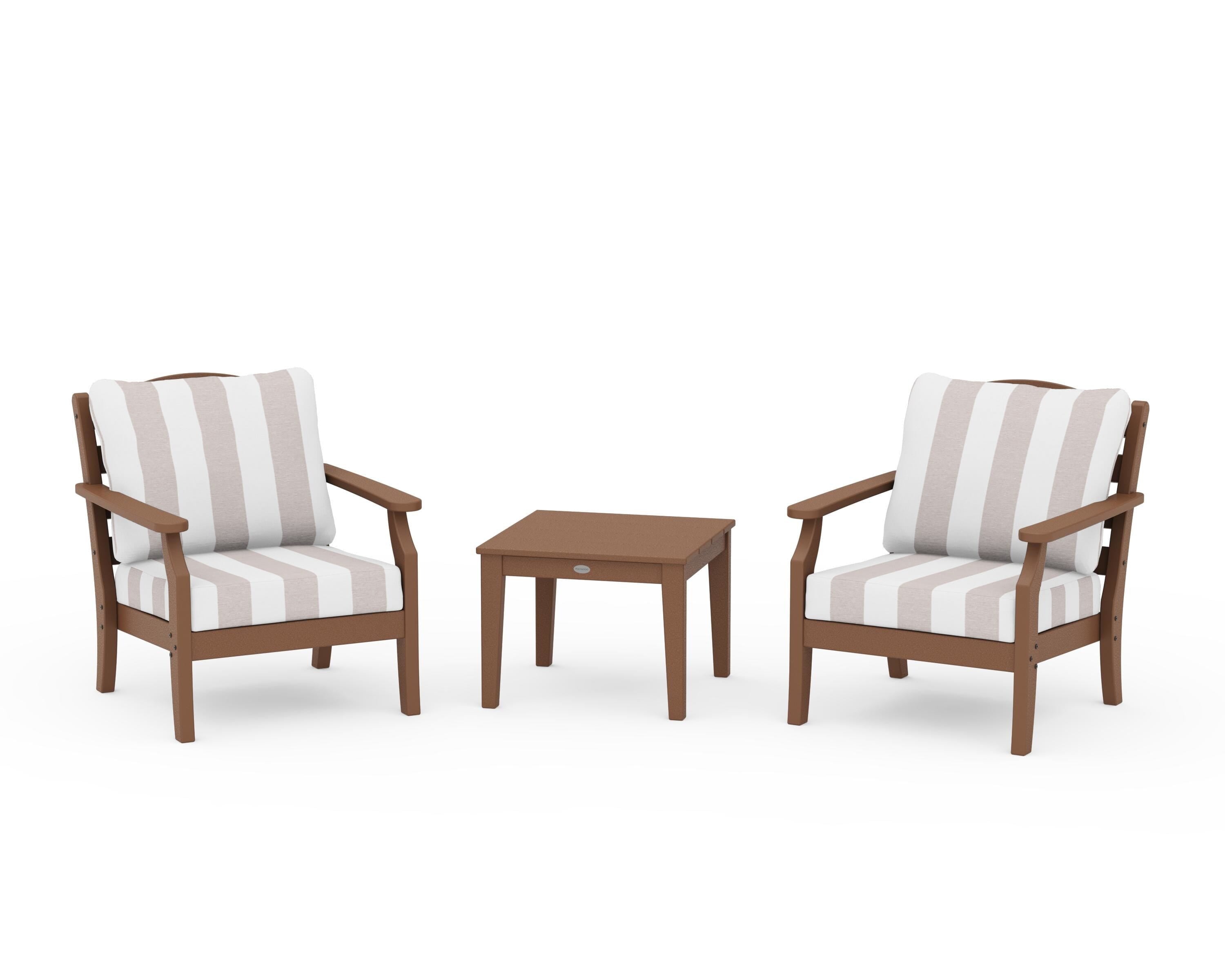 Draper James™ by POLYWOOD® Savannah 3-Piece Deep Seating Set in Teak / Cabana Stripe Dune Burlap