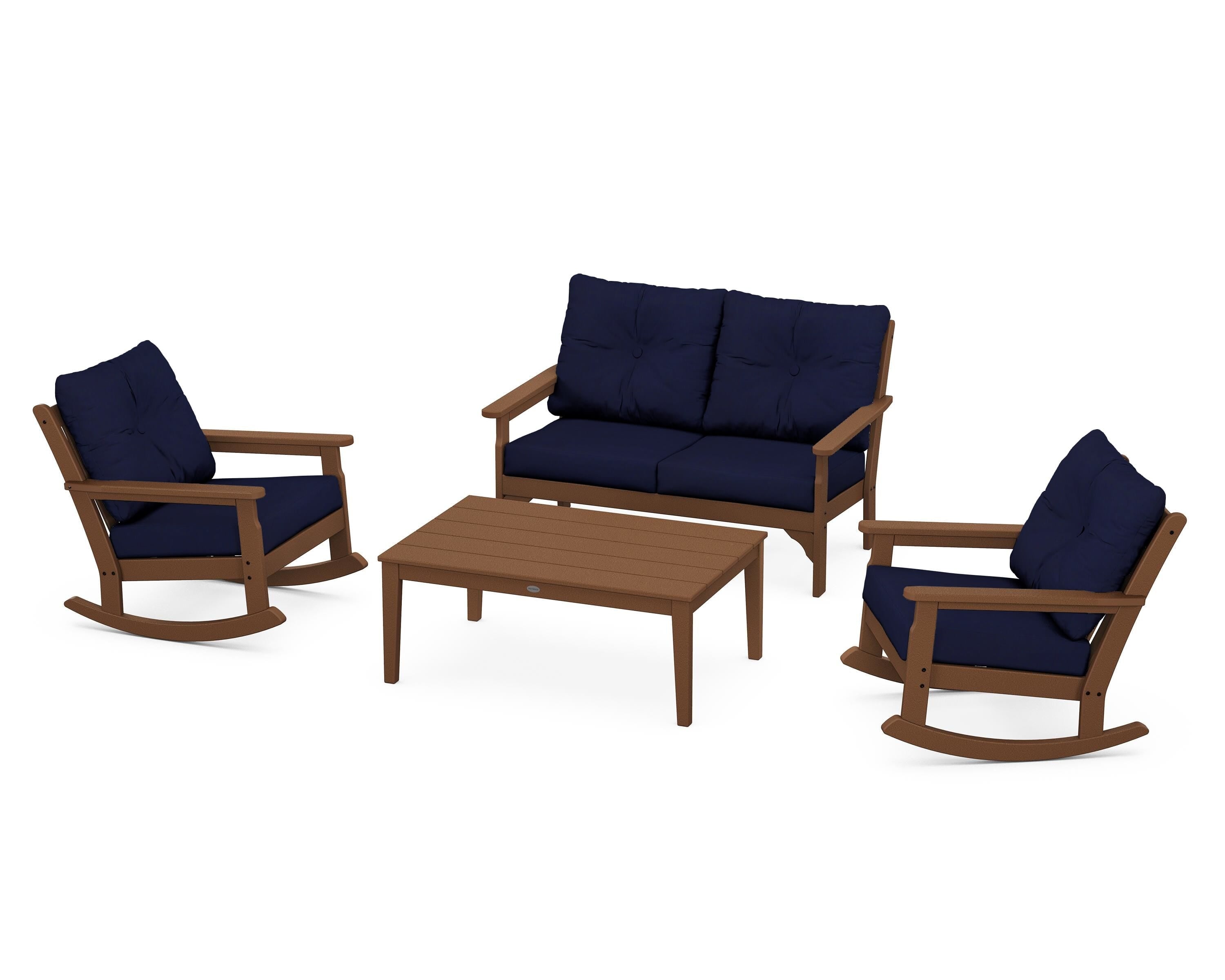 POLYWOOD® Vineyard 4-Piece Deep Seating Rocking Chair Set in Teak / Navy