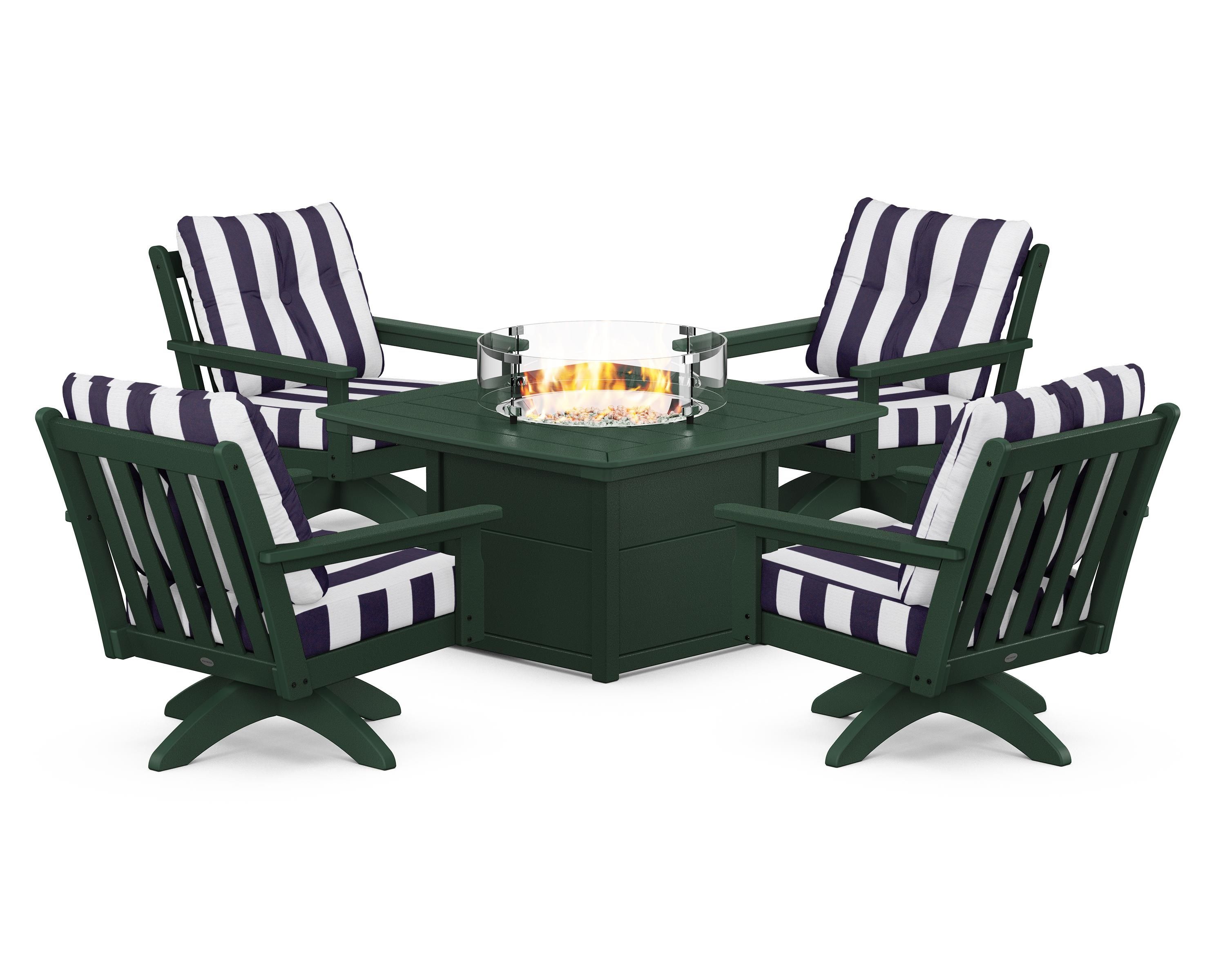 POLYWOOD® Vineyard 5-Piece Deep Seating Swivel Conversation Set with Fire Pit Table in Green / Cabana Stripe Navy