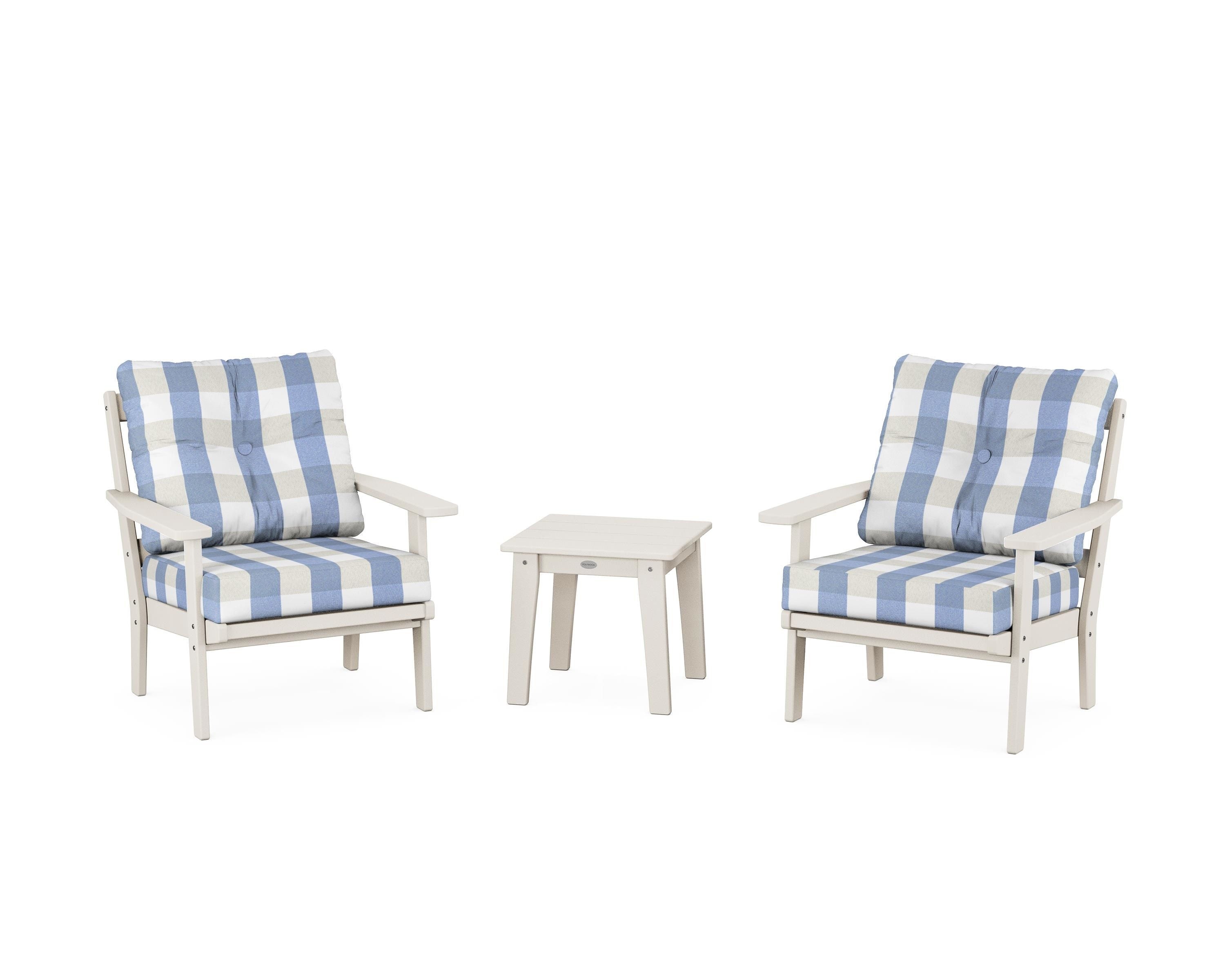 POLYWOOD® Oxford 3-Piece Deep Seating Set in Sand / Buffalo Plaid Sky Blue