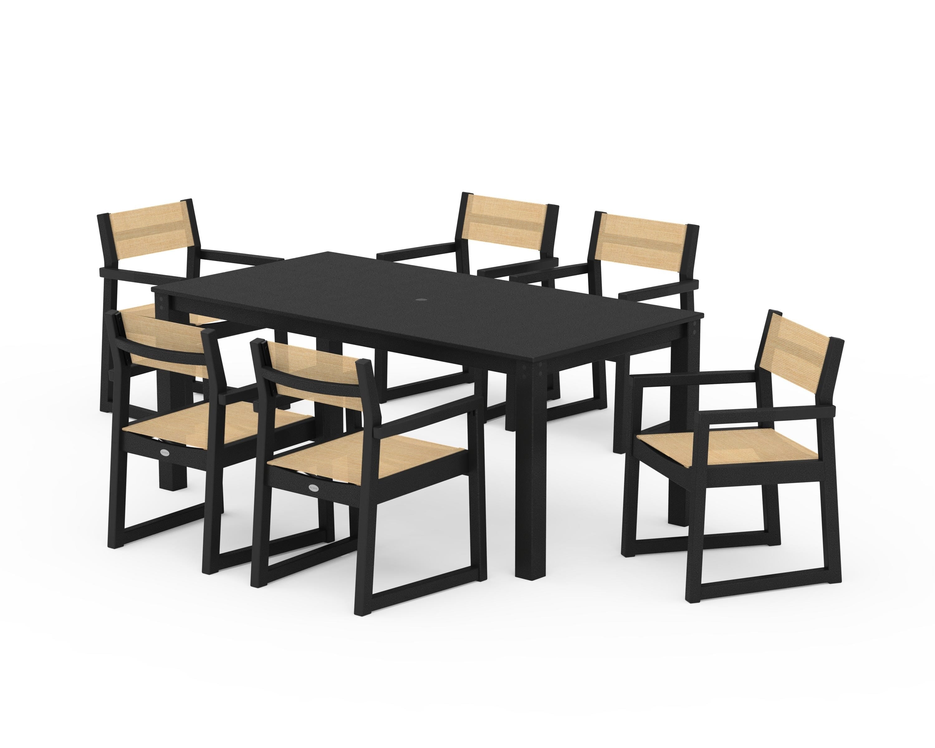POLYWOOD® EDGE Sling Arm Chair 7-Piece Parsons Dining Set in Black / Dupioni Apricot Sling