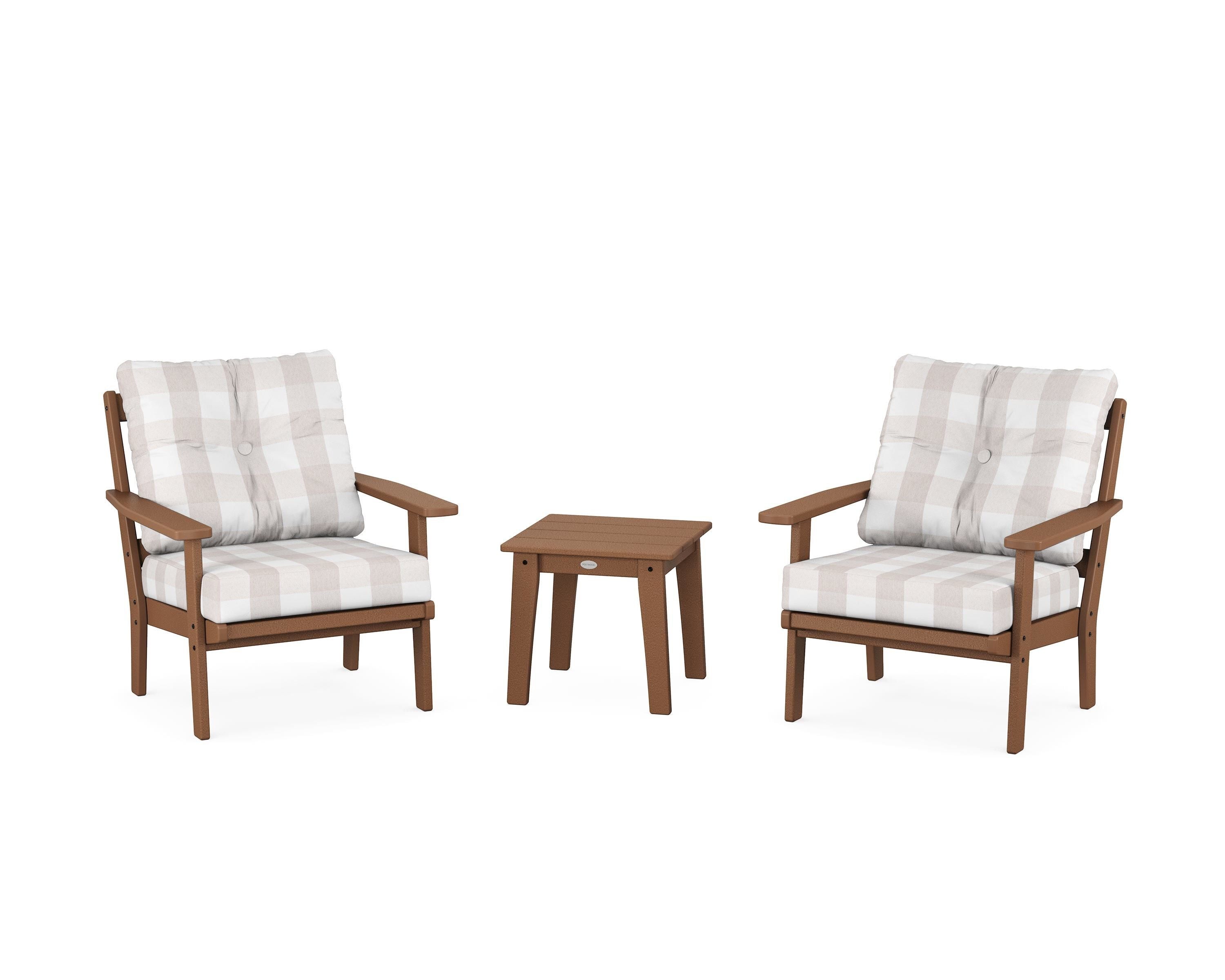 POLYWOOD® Oxford 3-Piece Deep Seating Set in Teak / Buffalo Plaid Dune Burlap