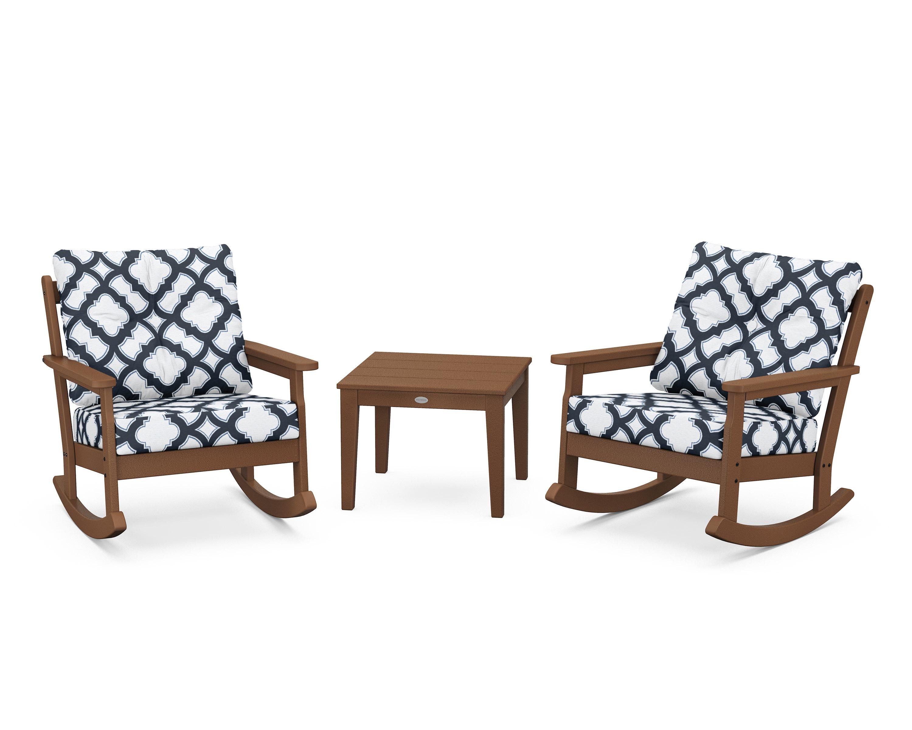 POLYWOOD® Vineyard 3-Piece Deep Seating Rocker Set in Teak / Trellis Marine Indigo