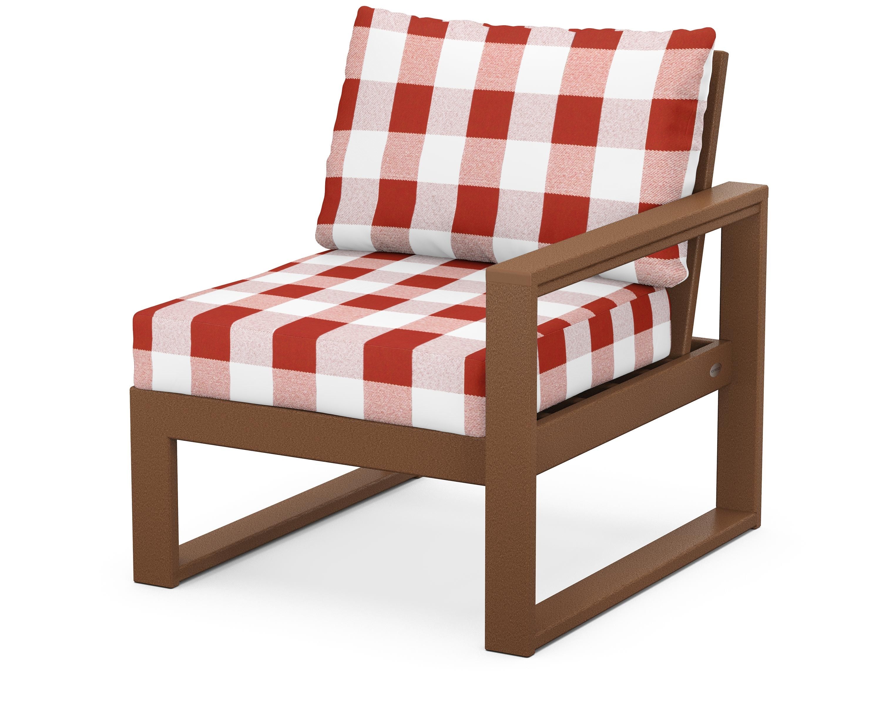 POLYWOOD® EDGE Modular Right Arm Chair in Teak / Buffalo Plaid Crimson