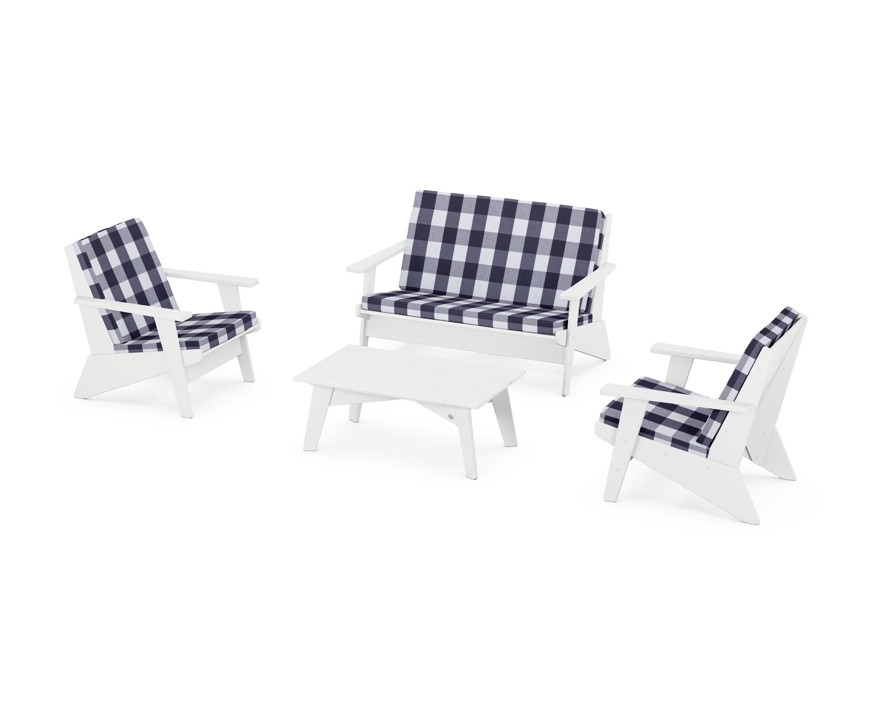 POLYWOOD® Riviera Modern Lounge 4-Piece Set in White / Buffalo Plaid Navy