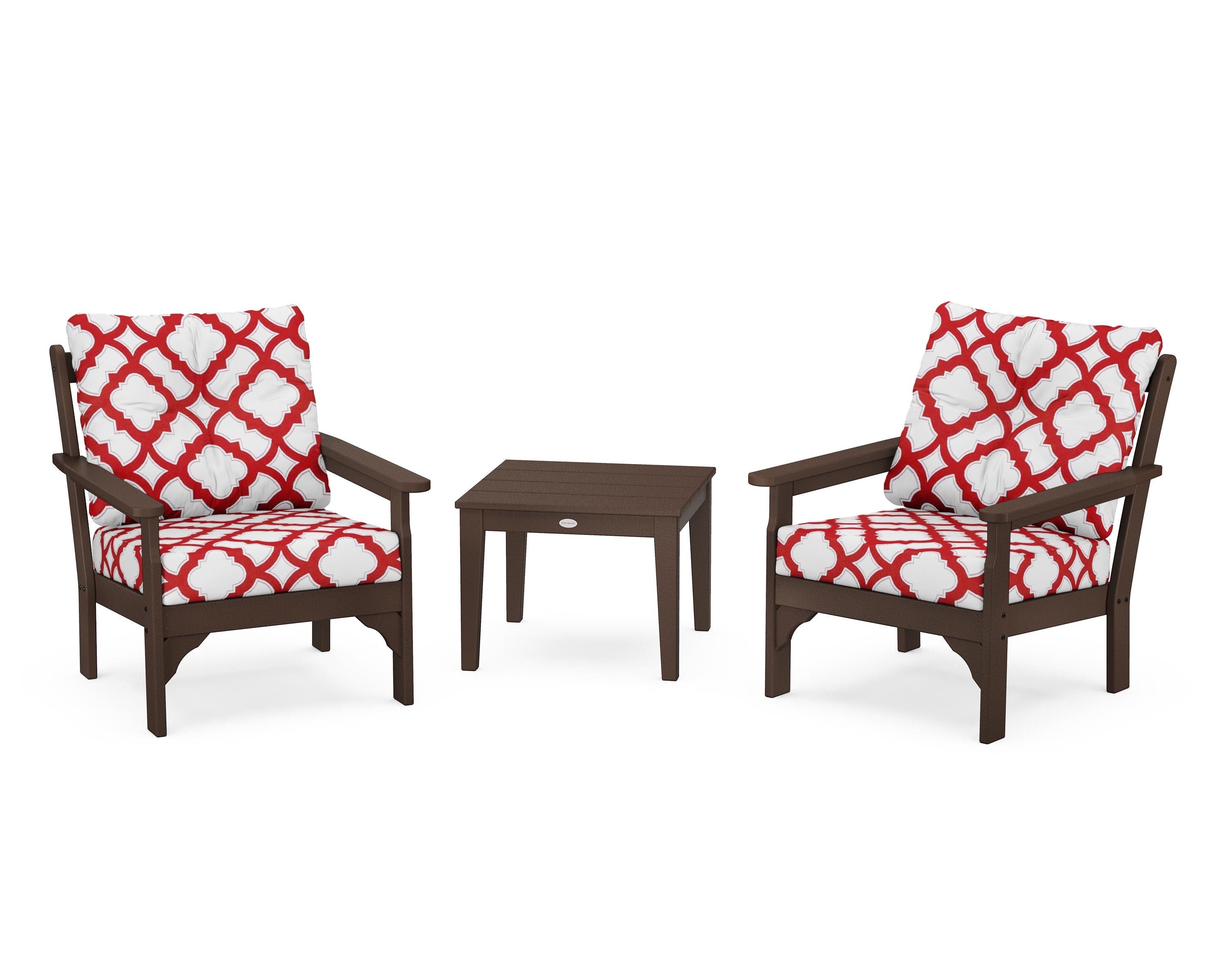 POLYWOOD® Vineyard 3-Piece Deep Seating Set in Mahogany / Trellis Crimson