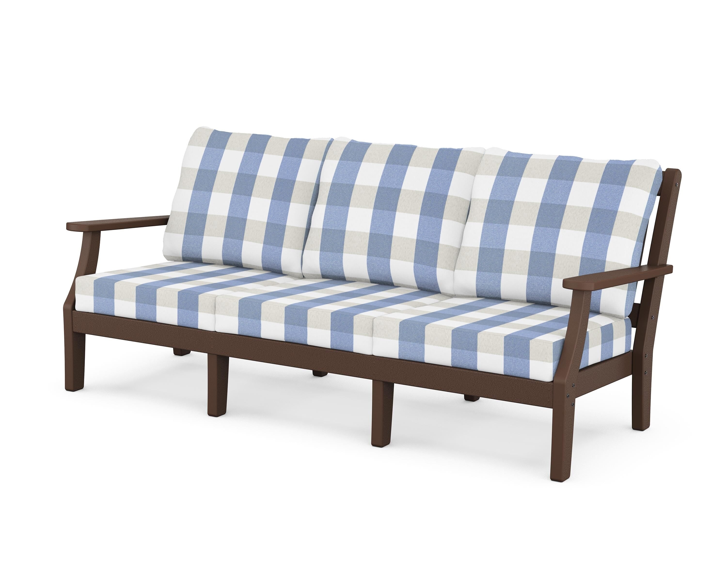 Martha Stewart by POLYWOOD® Chinoiserie Deep Seating Sofa in Mahogany / Buffalo Plaid Sky Blue