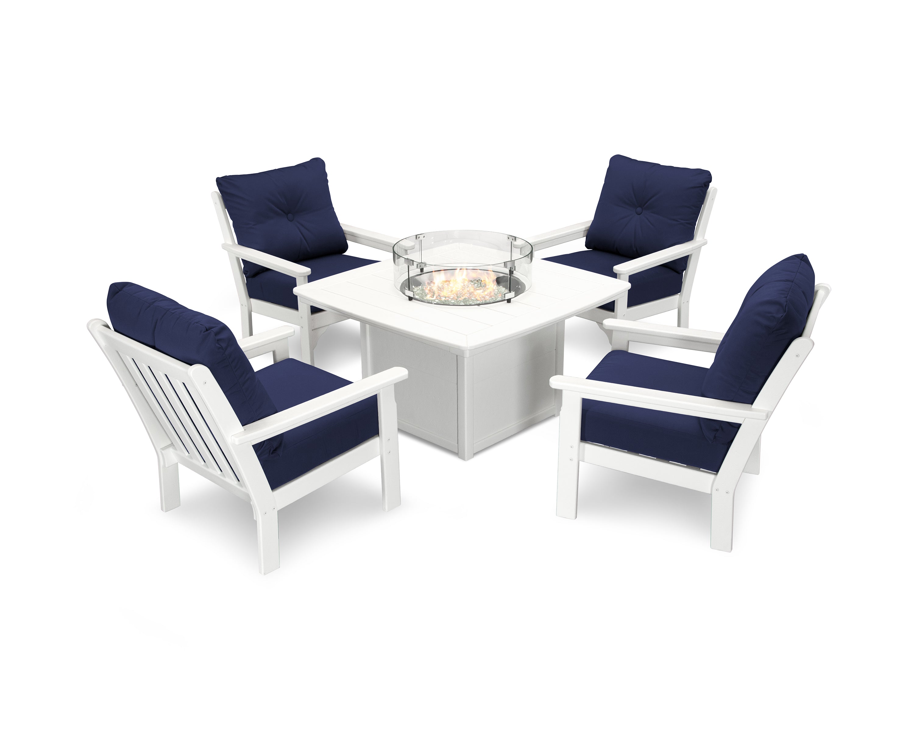 POLYWOOD® Vineyard 5-Piece Conversation Set with Fire Pit Table in White / Navy