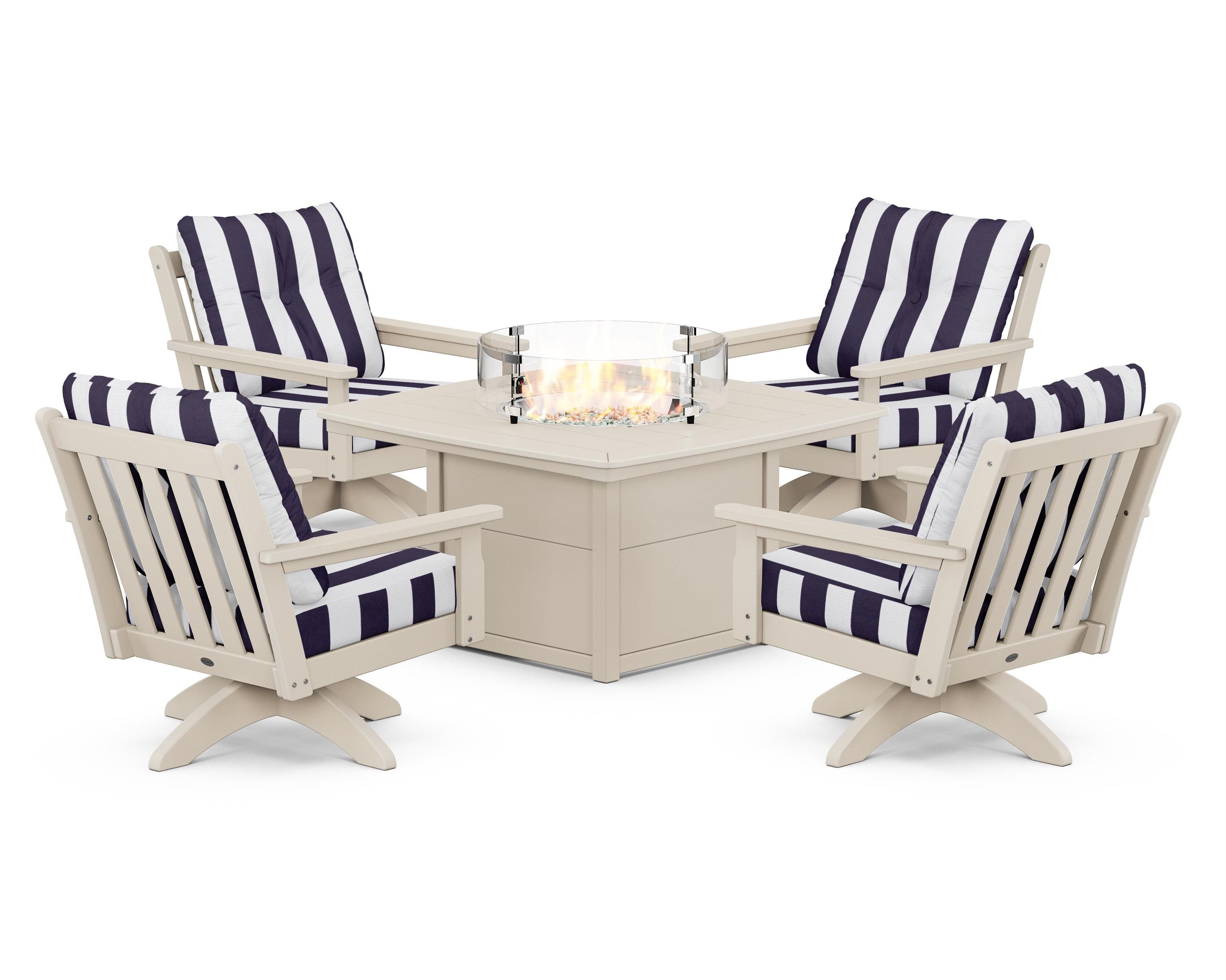 POLYWOOD® Vineyard 5-Piece Deep Seating Swivel Conversation Set with Fire Pit Table in Sand / Cabana Stripe Navy