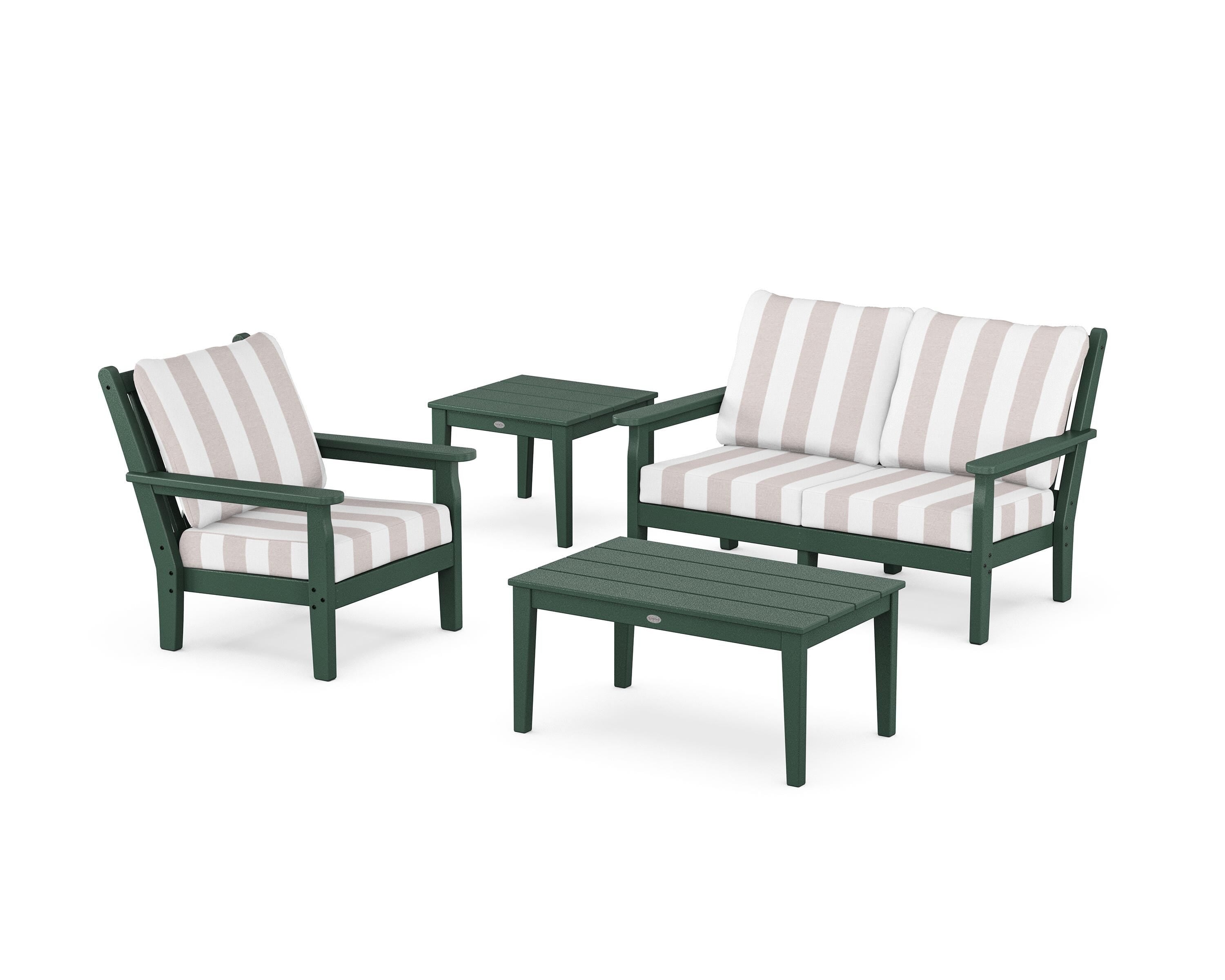 POLYWOOD® Chippendale 4-Piece Deep Seating Set in Green / Cabana Stripe Dune Burlap