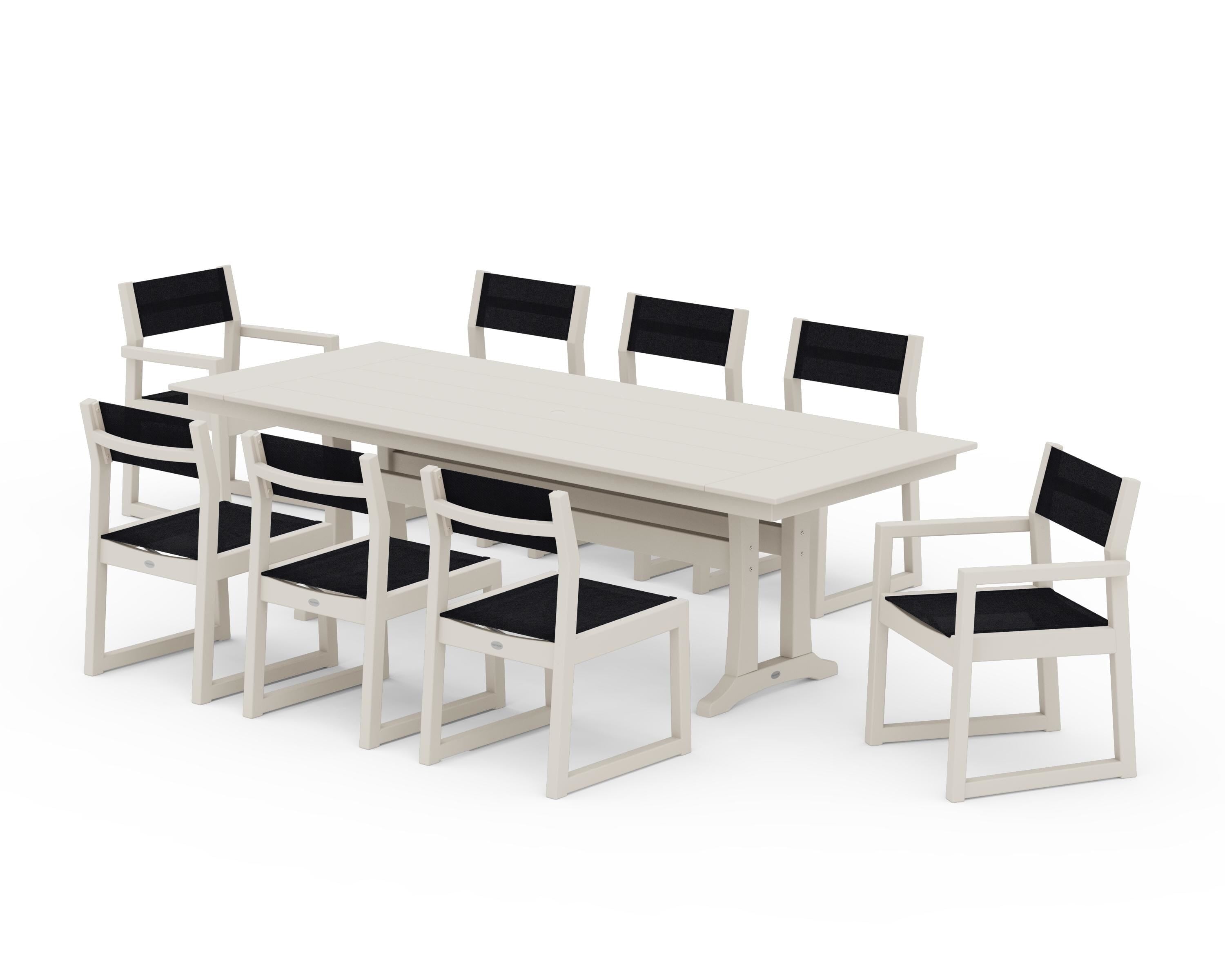POLYWOOD® EDGE Sling 9-Piece Farmhouse Trestle Dining Set in Sand / Black Sling