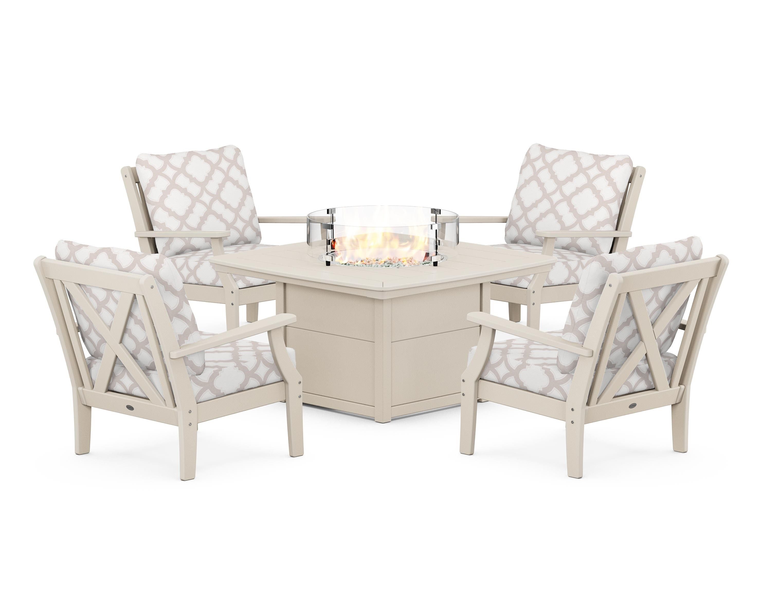 POLYWOOD® Braxton 5-Piece Deep Seating Conversation Set with Fire Pit Table in Sand / Trellis Dune Burlap