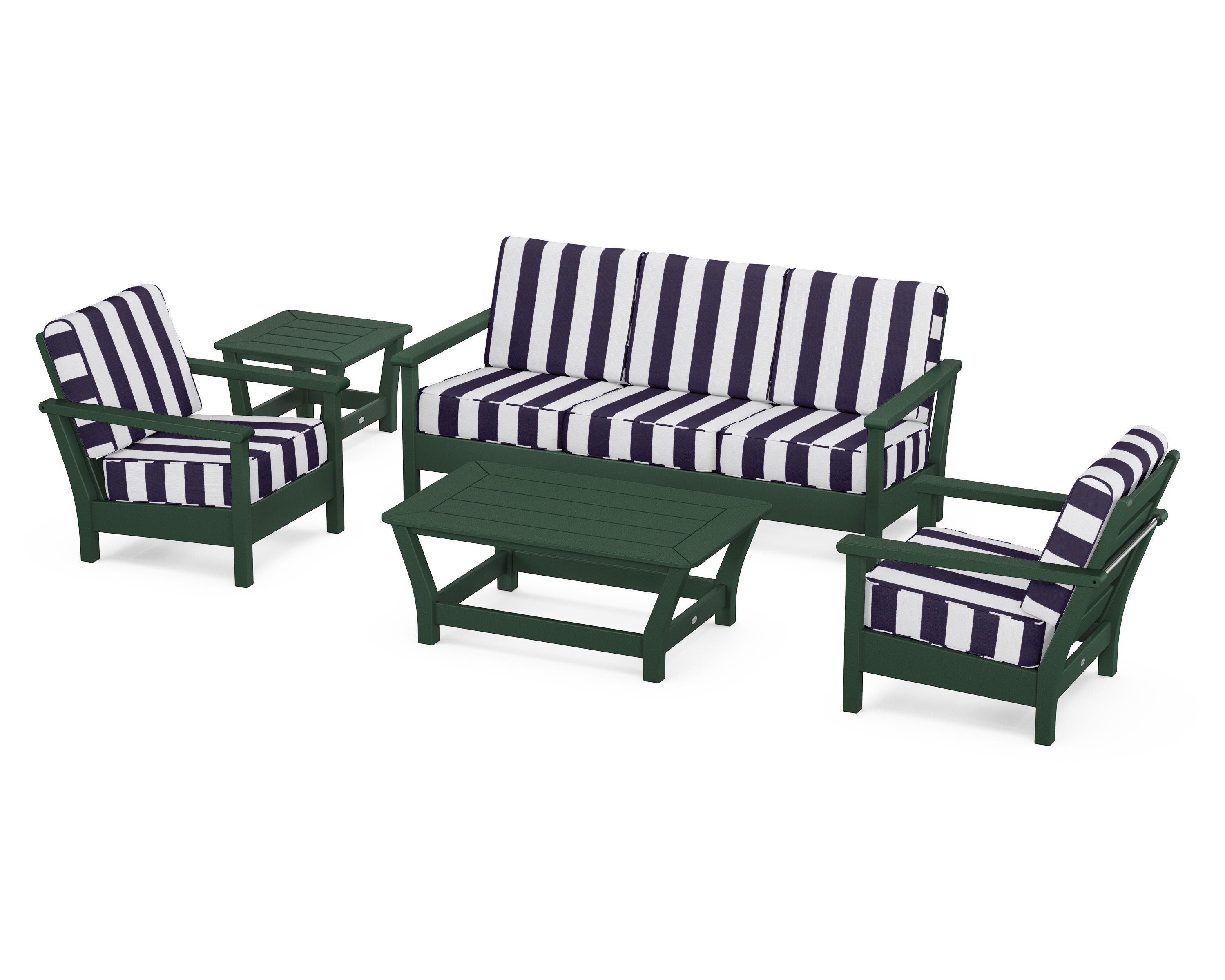 POLYWOOD® Harbour 5-Piece Deep Seating Set in Green / Cabana Stripe Navy