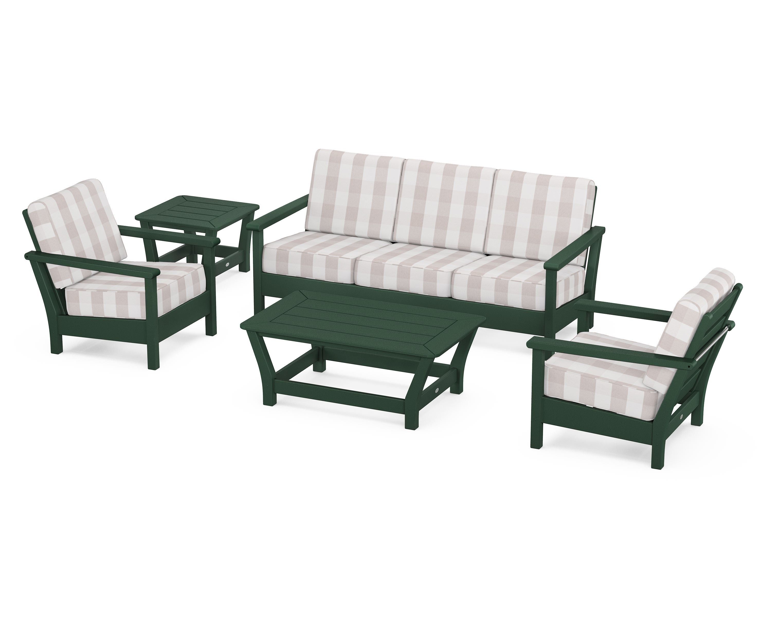 POLYWOOD® Harbour 5-Piece Deep Seating Set in Green / Buffalo Plaid Dune Burlap