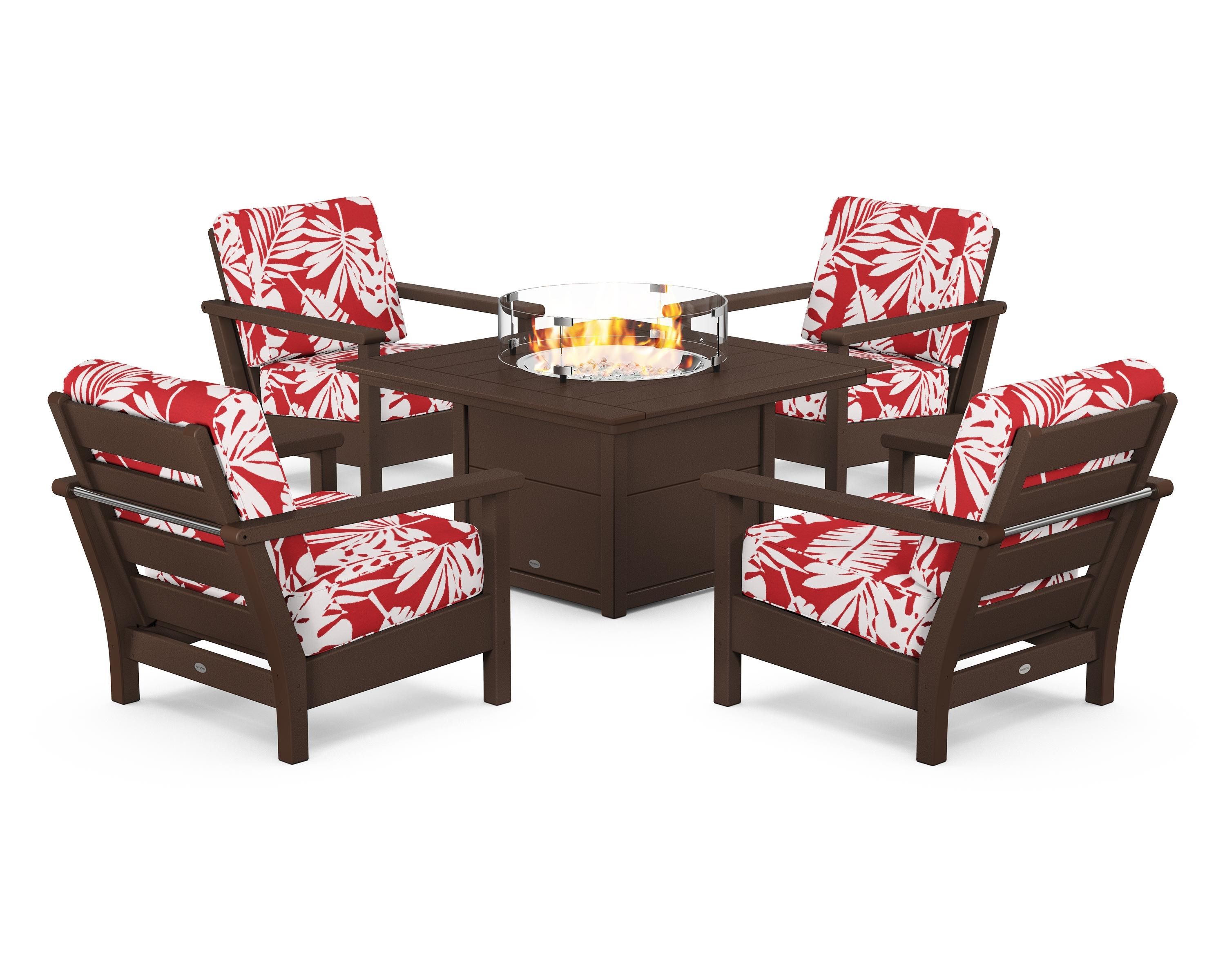 POLYWOOD® Harbour 5-Piece Conversation Set with Fire Pit Table in Mahogany / Leaf Crimson