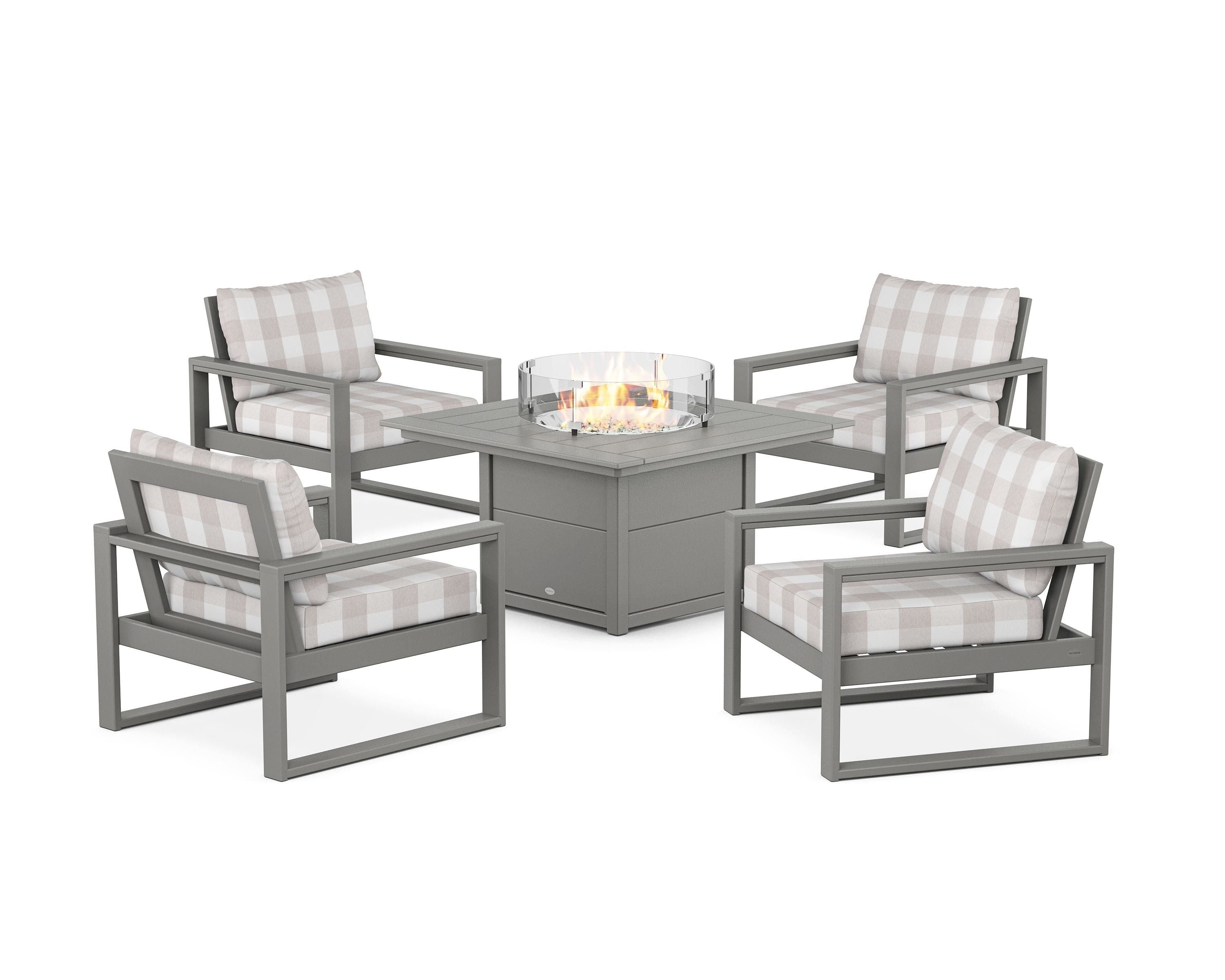 POLYWOOD® EDGE Sectional 5-Piece Deep Seating Set with Fire Pit Table in Slate Grey / Buffalo Plaid Dune Burlap