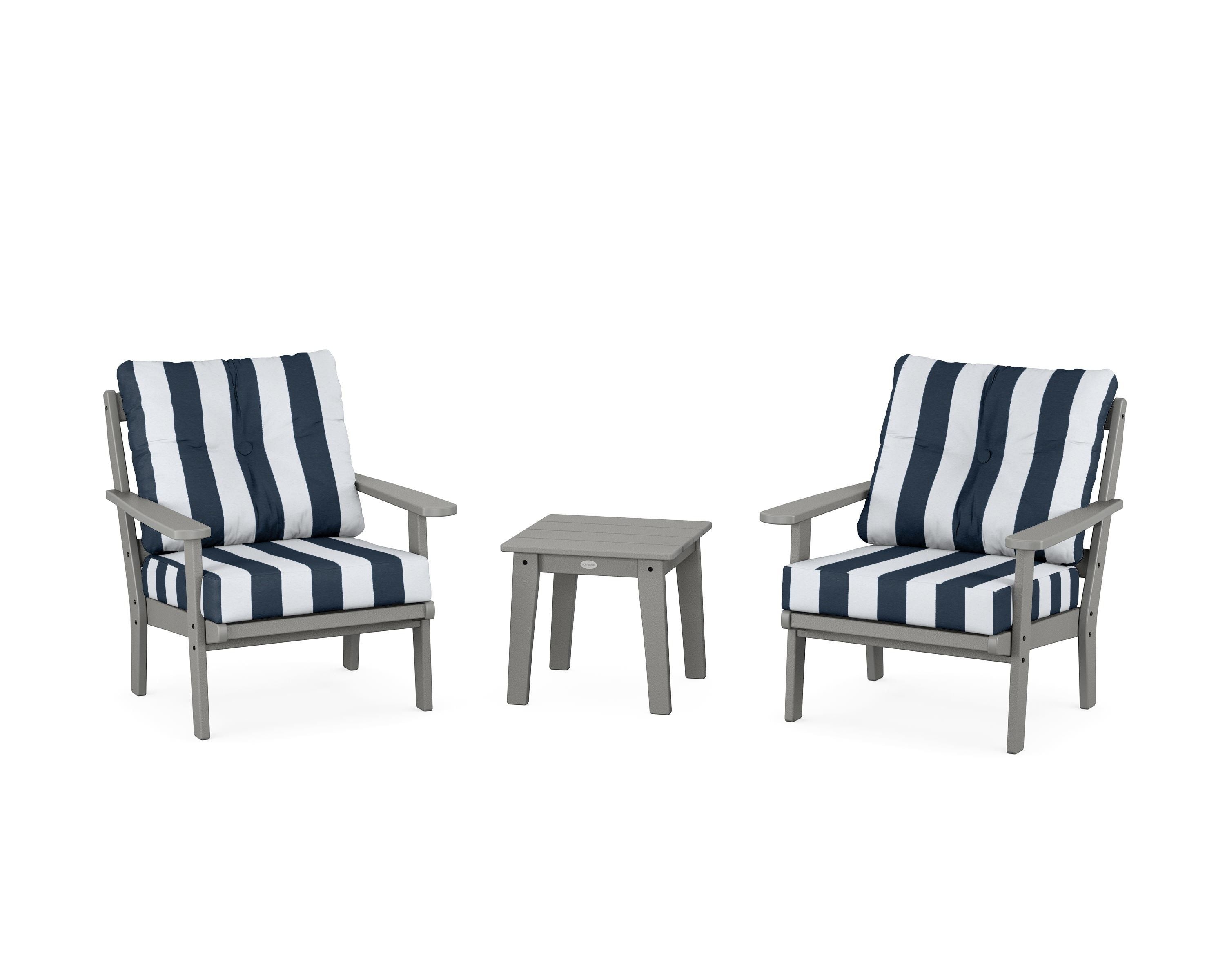 POLYWOOD® Mission 3-Piece Deep Seating Set in Slate Grey / Cabana Stripe Marine Indigo