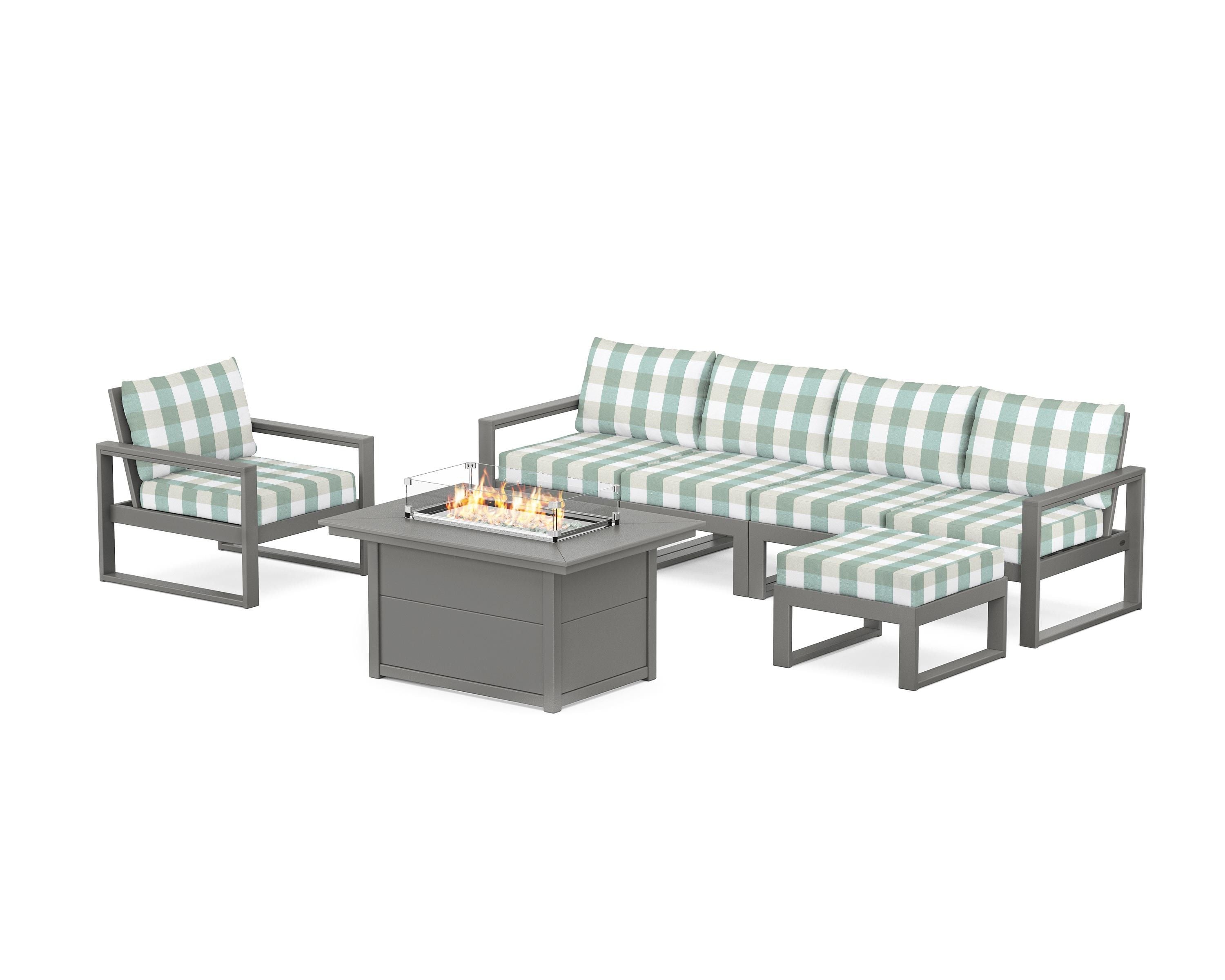 POLYWOOD® EDGE Sectional Lounge and Fire Pit Set in Slate Grey / Buffalo Plaid Glacier Spa