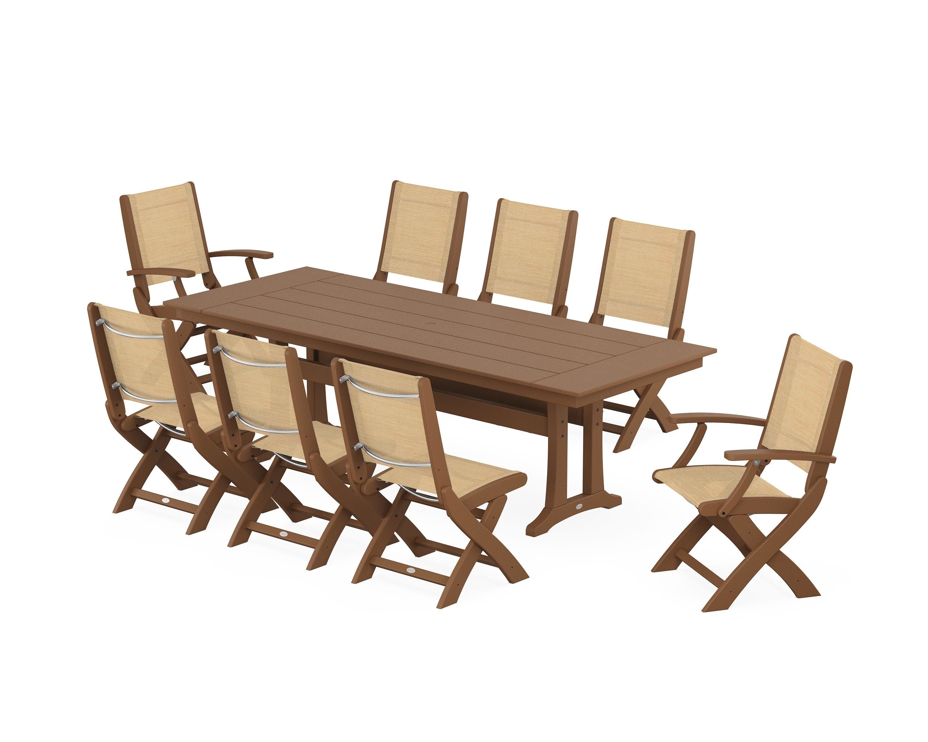 POLYWOOD® Coastal 9-Piece Folding Dining Chair Farmhouse Dining Set with Trestle Legs in Teak / Dupioni Apricot Sling