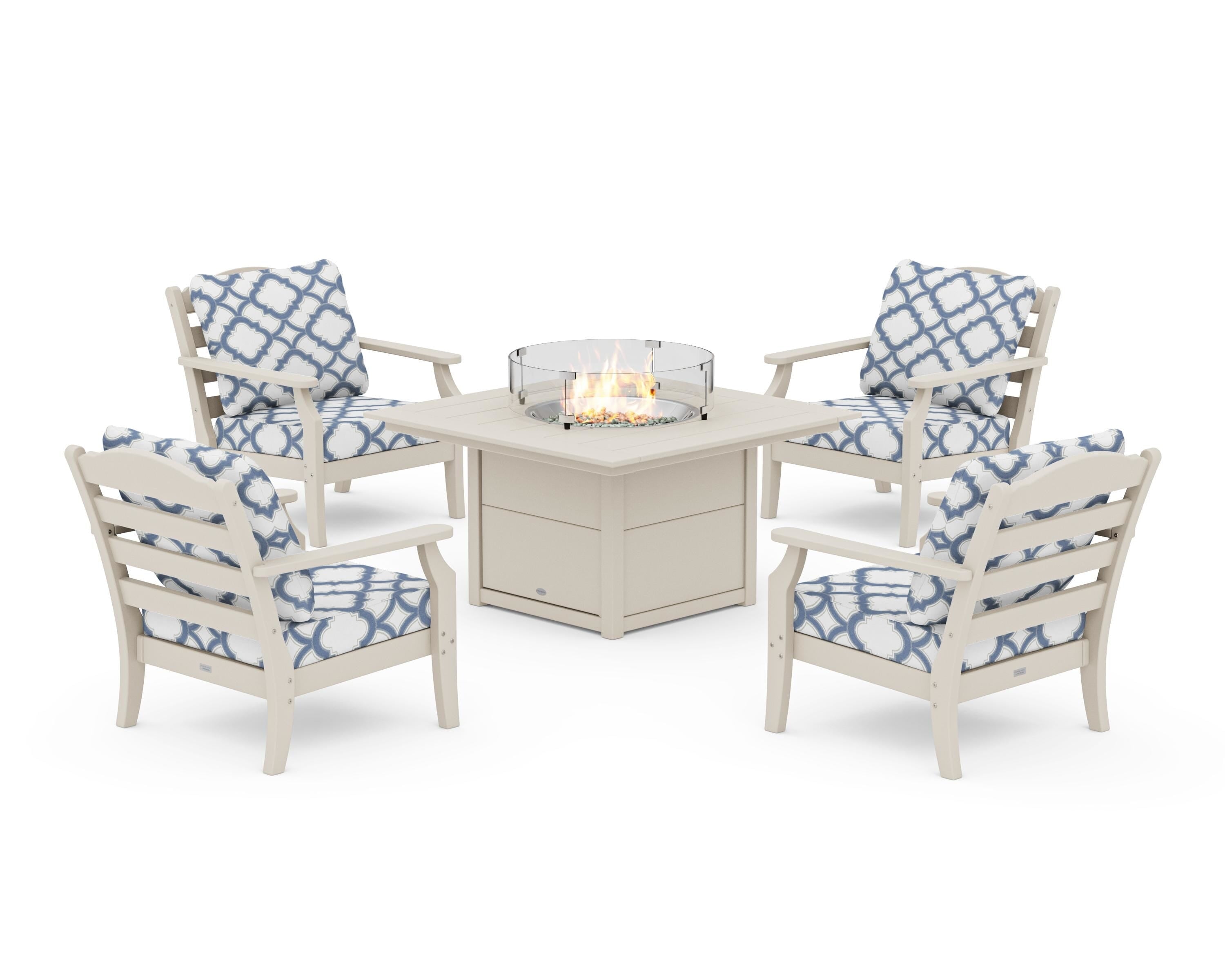 Draper James™ by POLYWOOD® Savannah 5-Piece Deep Seating Set with Fire Pit Table in Sand / Trellis Sky Blue