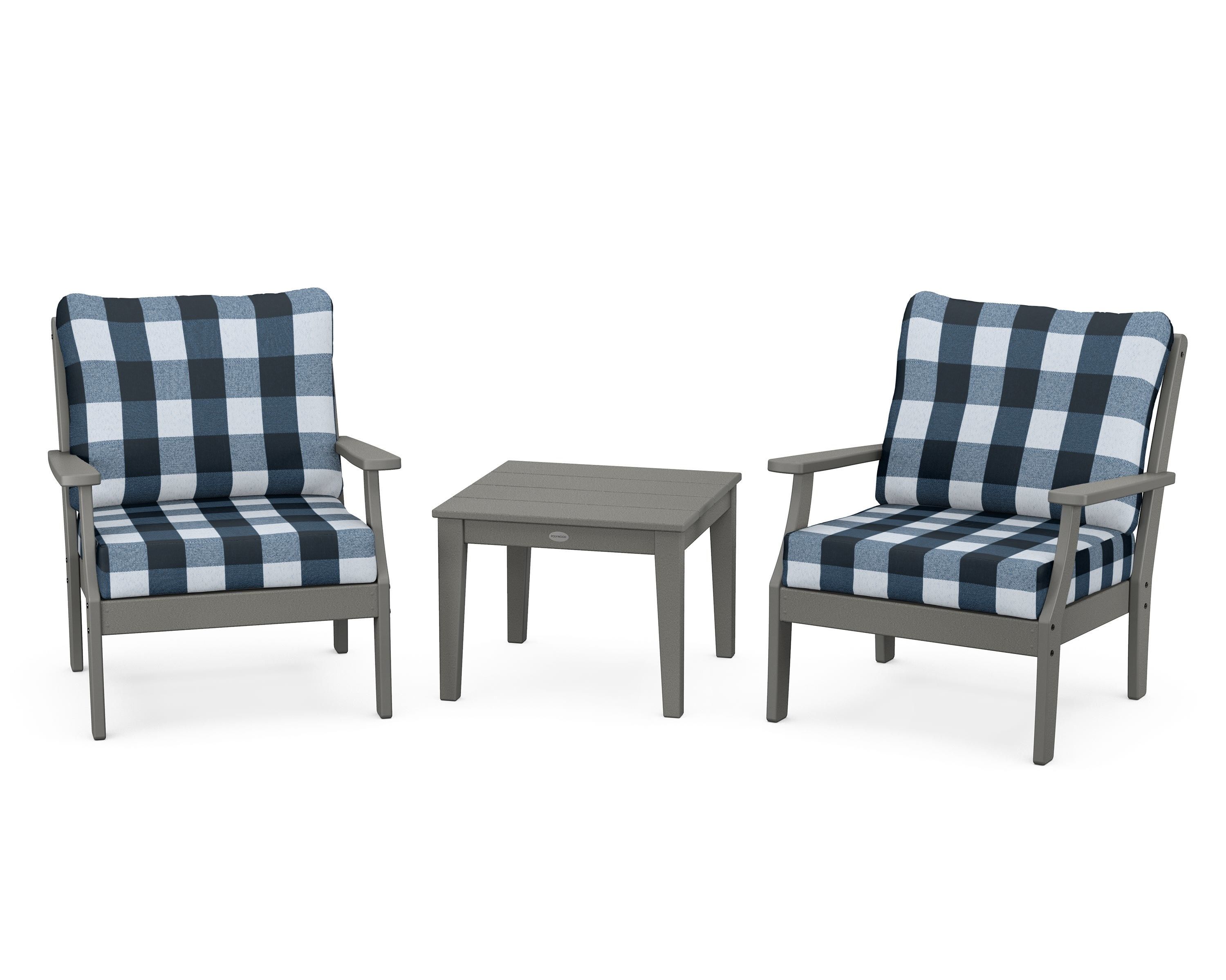 POLYWOOD® Braxton 3-Piece Deep Seating Set in Slate Grey / Buffalo Plaid Marine Indigo