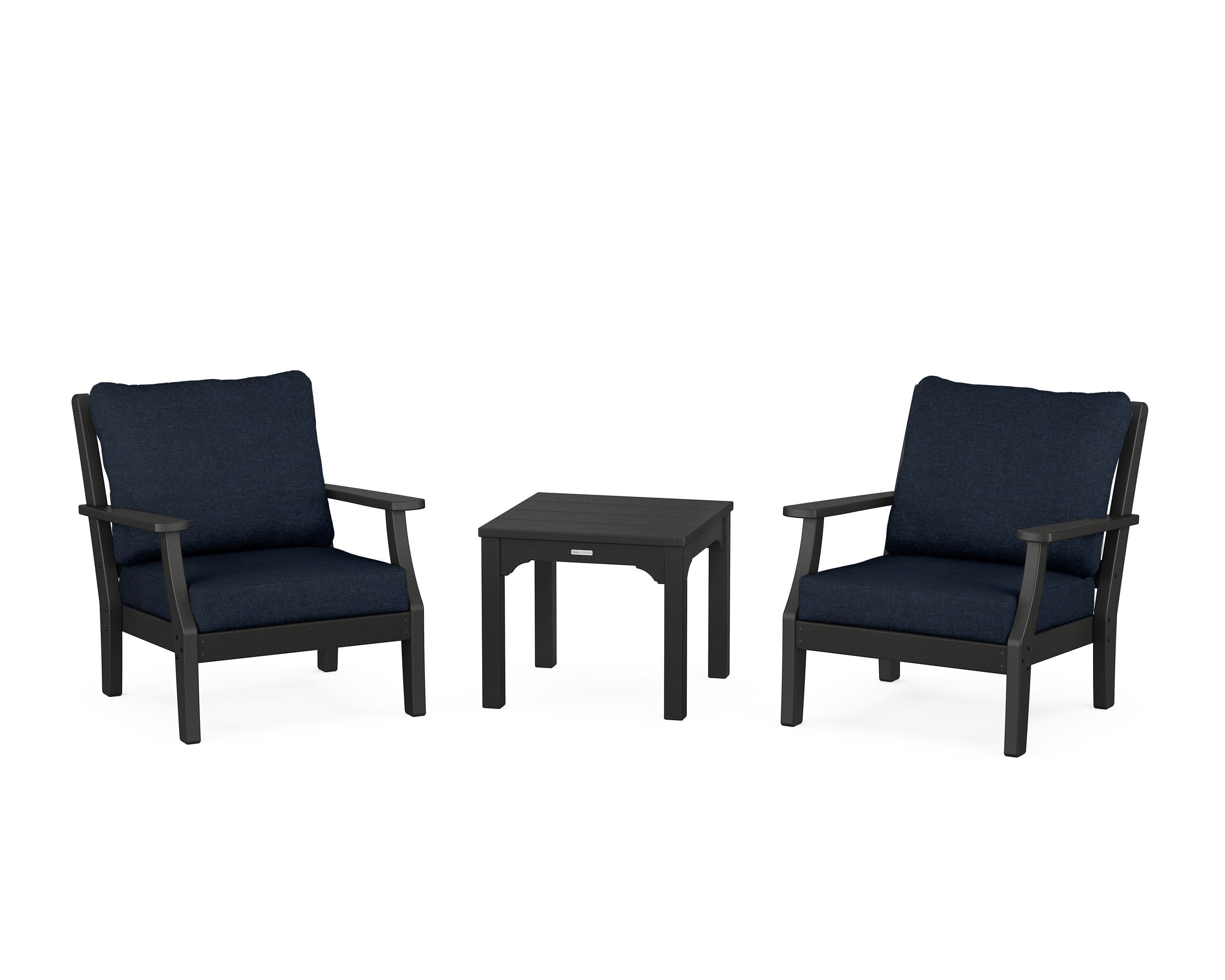 Martha Stewart by POLYWOOD® Chinoiserie 3-Piece Deep Seating Set in Black / Marine Indigo