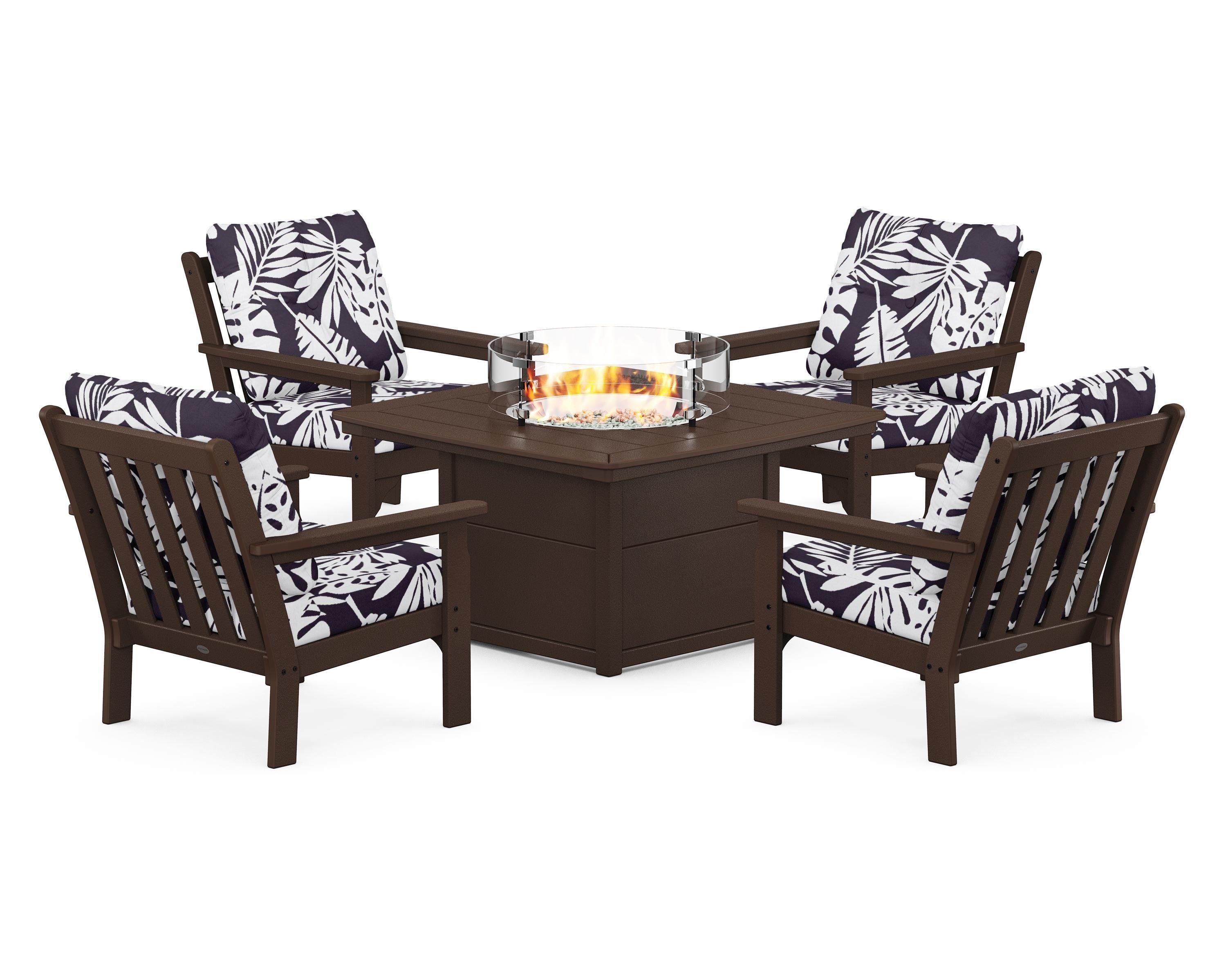POLYWOOD® Vineyard 5-Piece Conversation Set with Fire Pit Table in Mahogany / Leaf Navy
