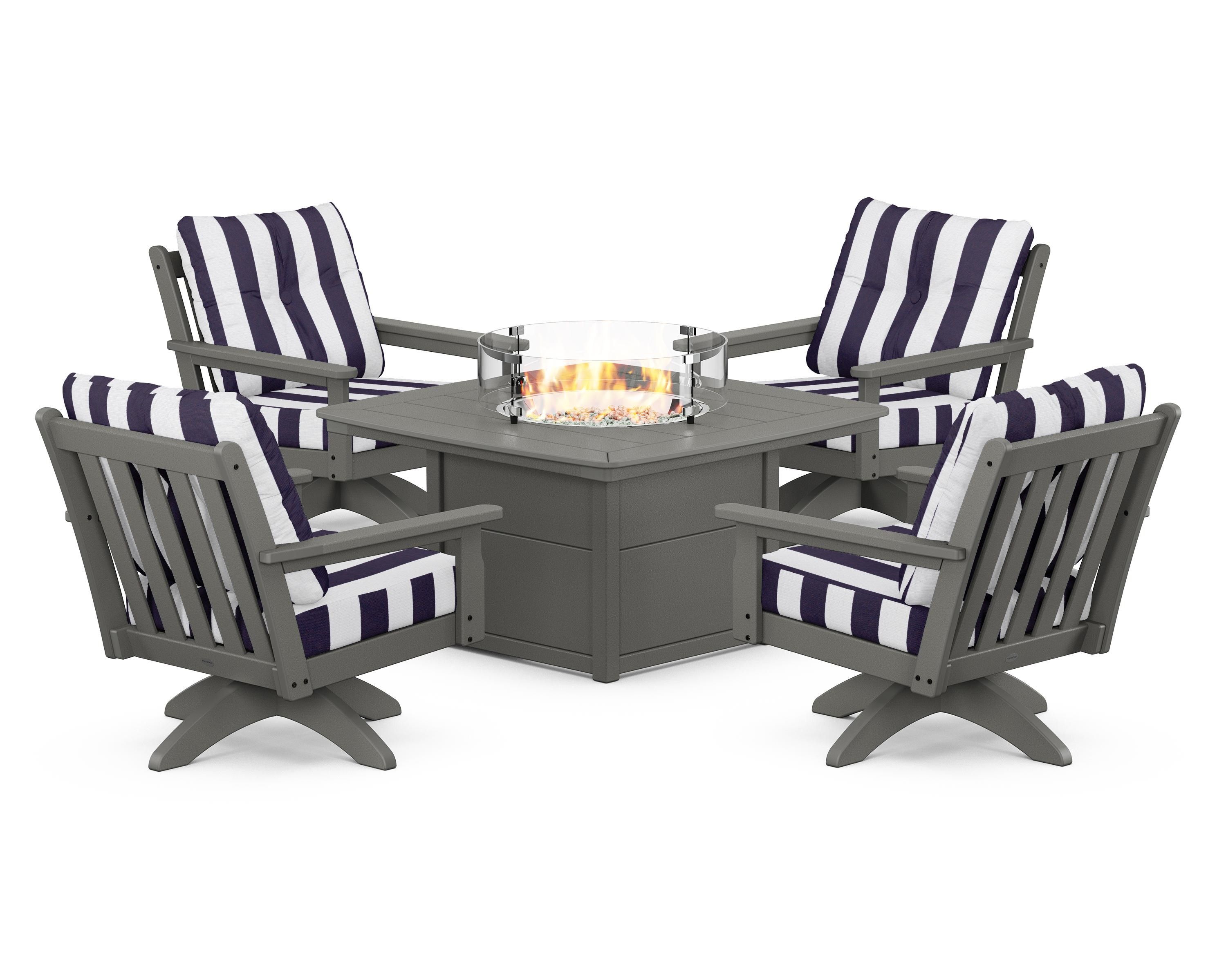 POLYWOOD® Vineyard 5-Piece Deep Seating Swivel Conversation Set with Fire Pit Table in Slate Grey / Cabana Stripe Navy