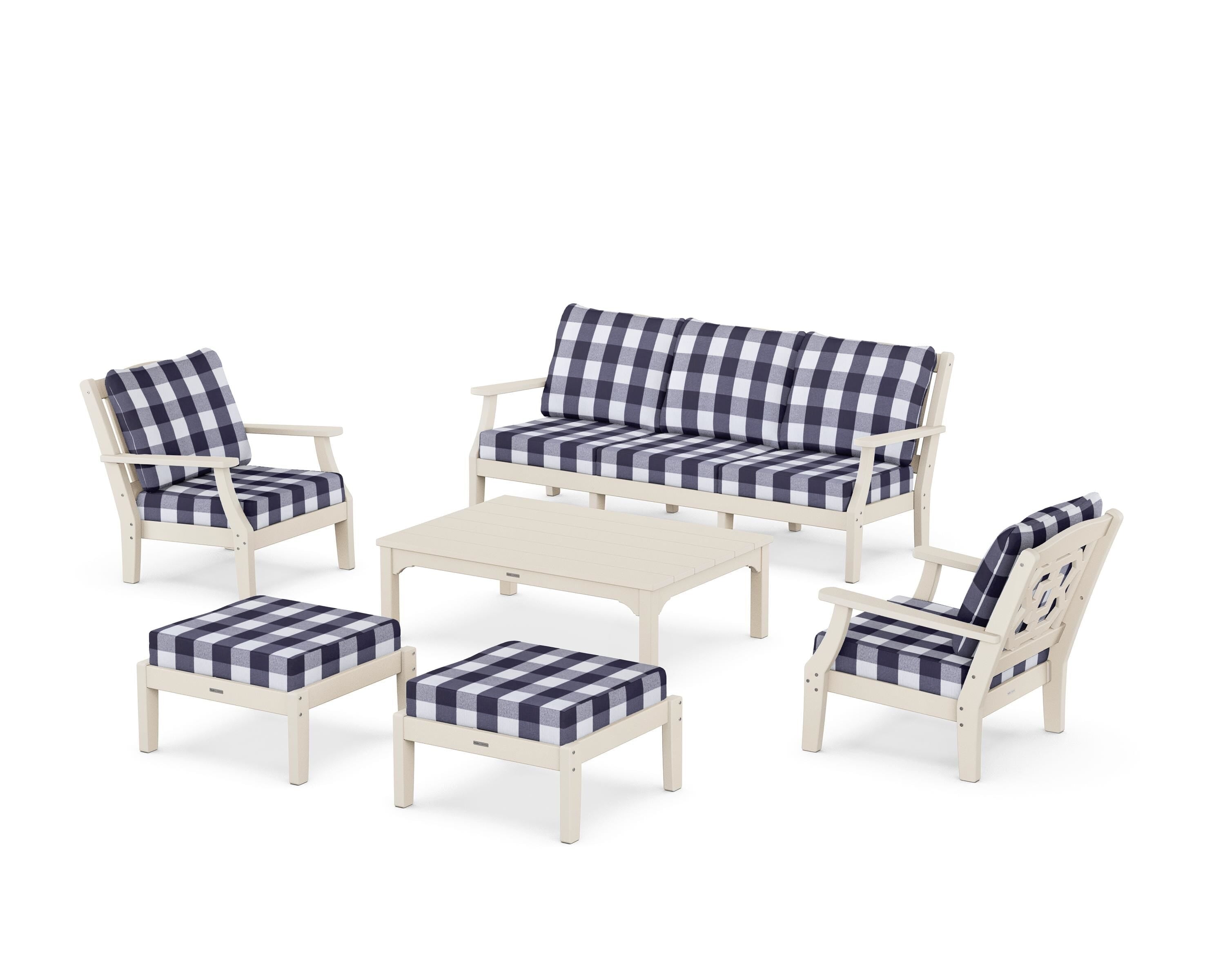 Martha Stewart by POLYWOOD® Chinoiserie 6-Piece Lounge Sofa Set in Sand / Buffalo Plaid Navy