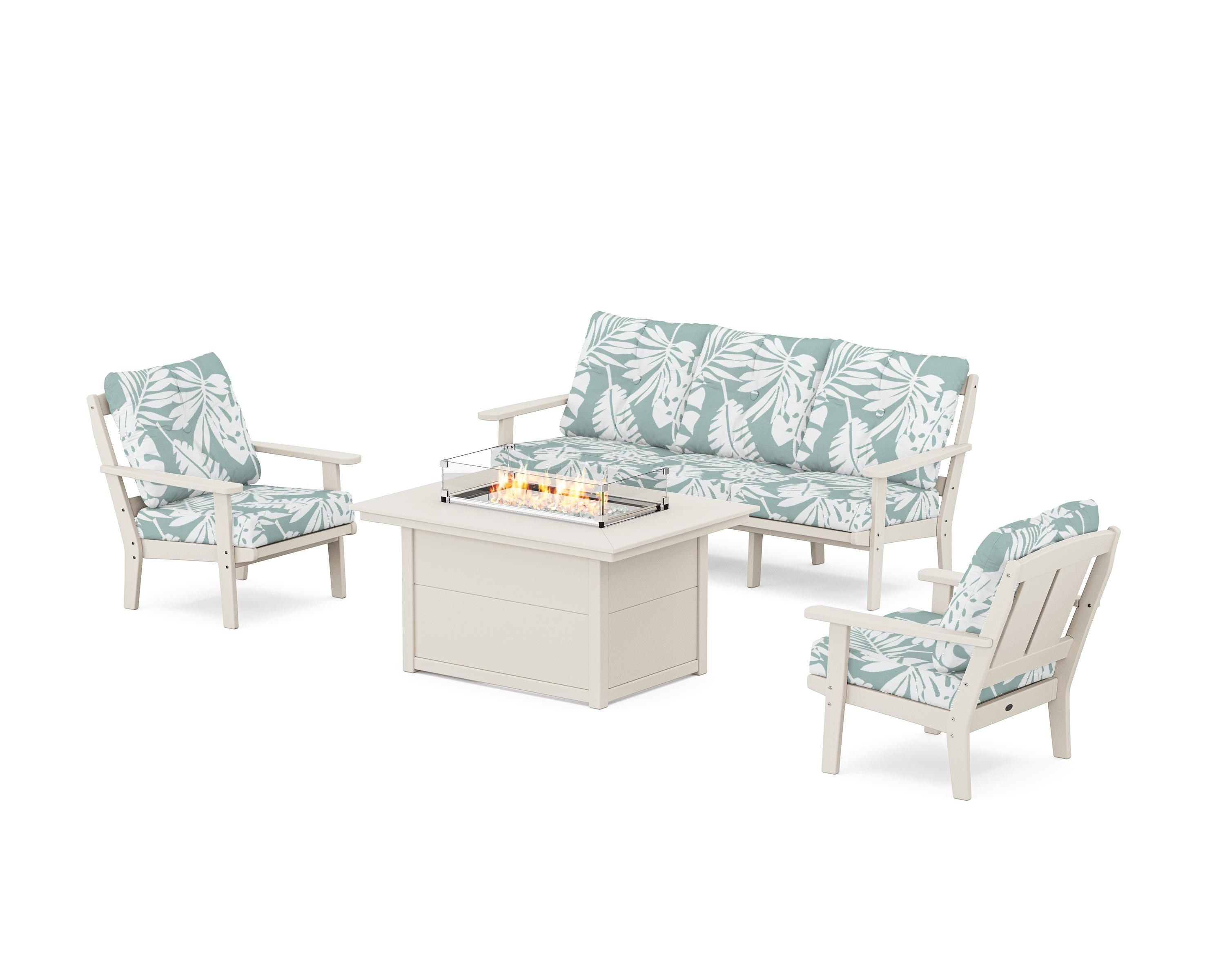 POLYWOOD® Mission Deep Seating Fire Pit Table Set in Sand / Leaf Glacier Spa