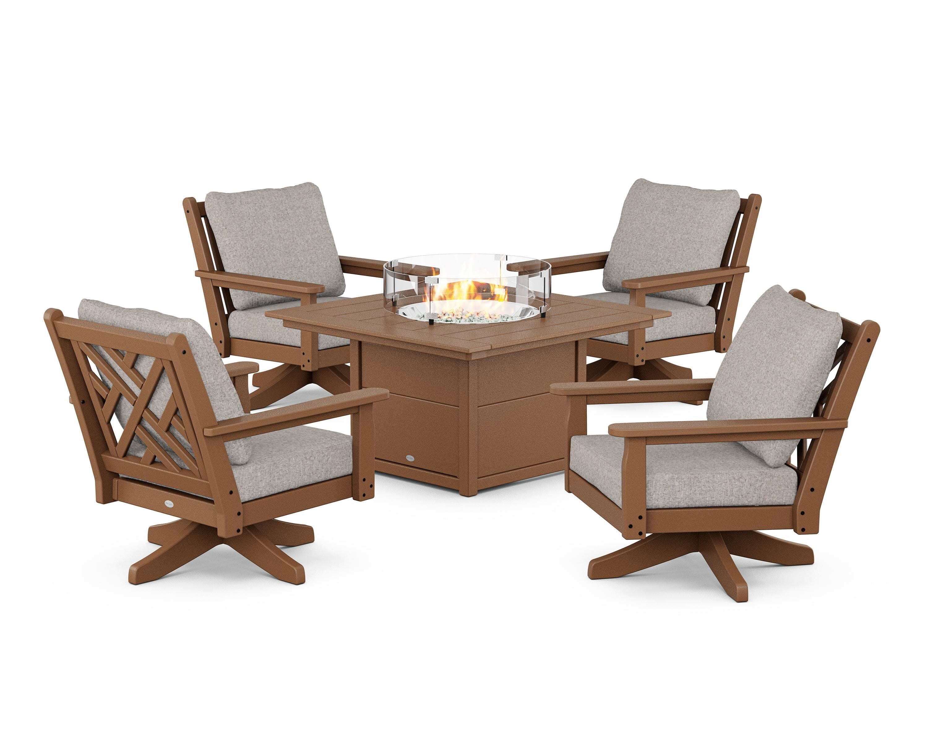 POLYWOOD® Chippendale 5-Piece Deep Seating Swivel Conversation Set with Fire Pit Table in Teak / Weathered Tweed