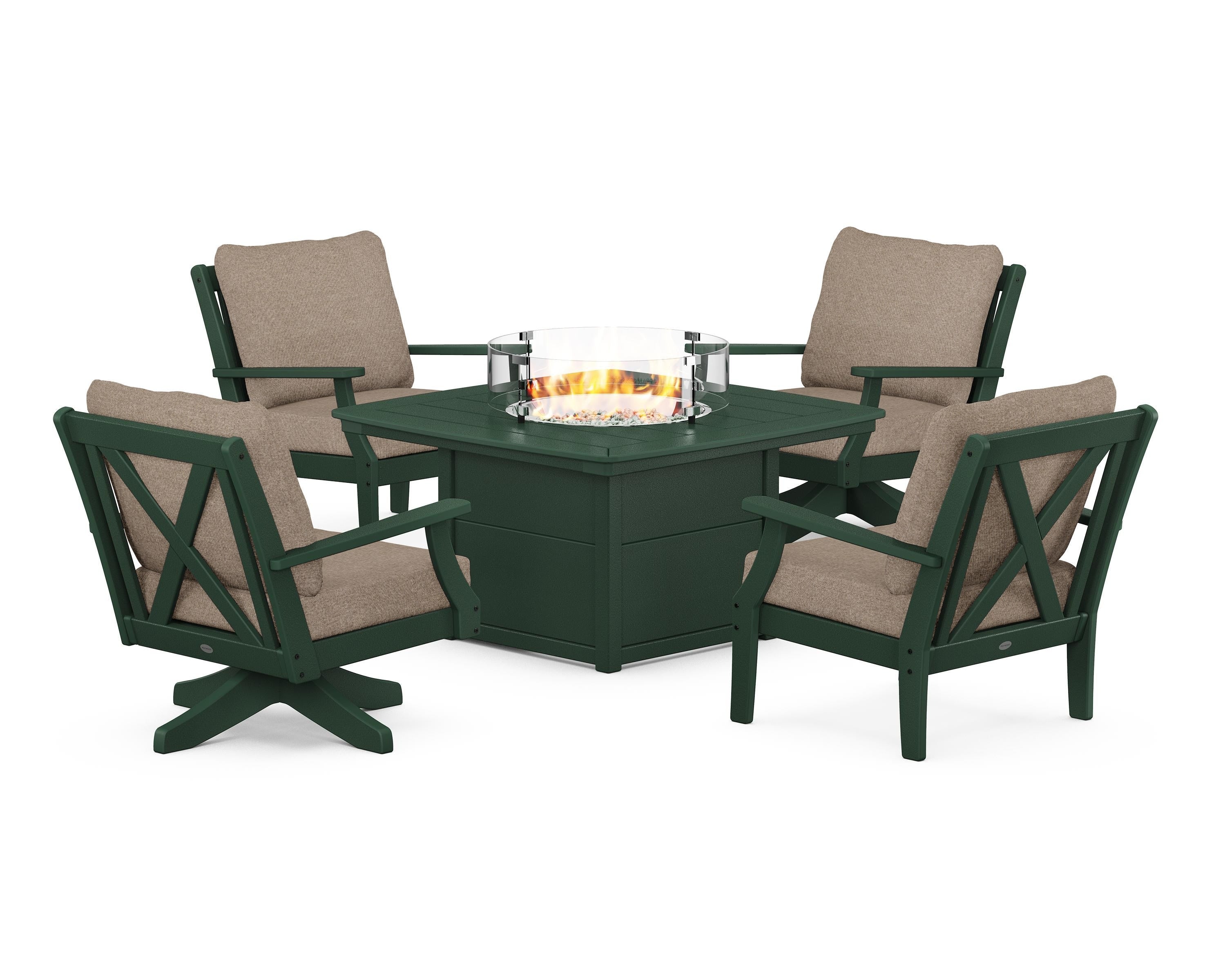 POLYWOOD® Braxton 5-Piece Deep Seating Set with Fire Table in Green / Spiced Burlap