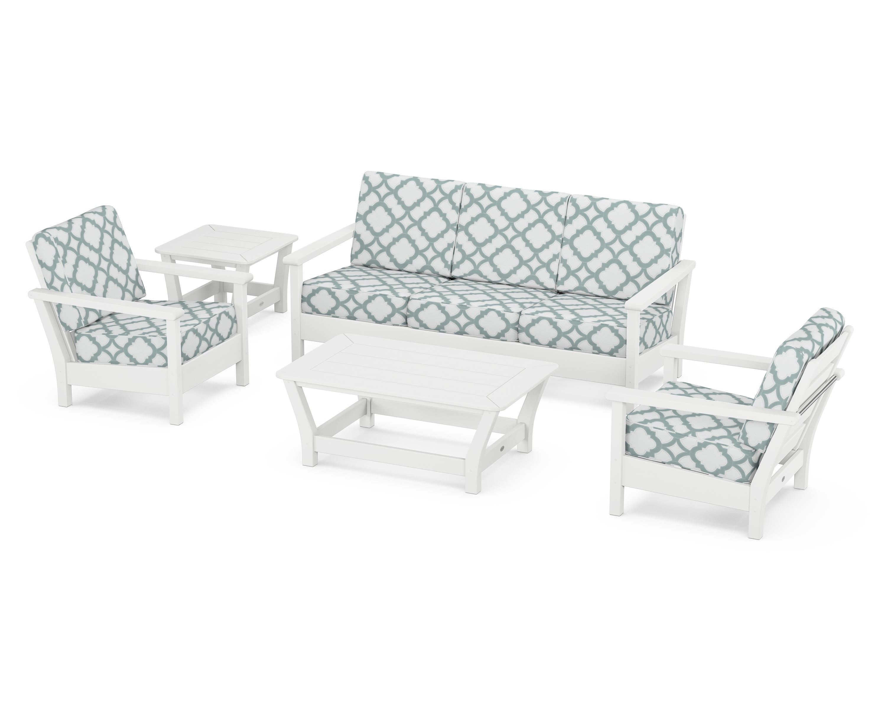 POLYWOOD® Harbour 5-Piece Deep Seating Set in White / Trellis Glacier Spa