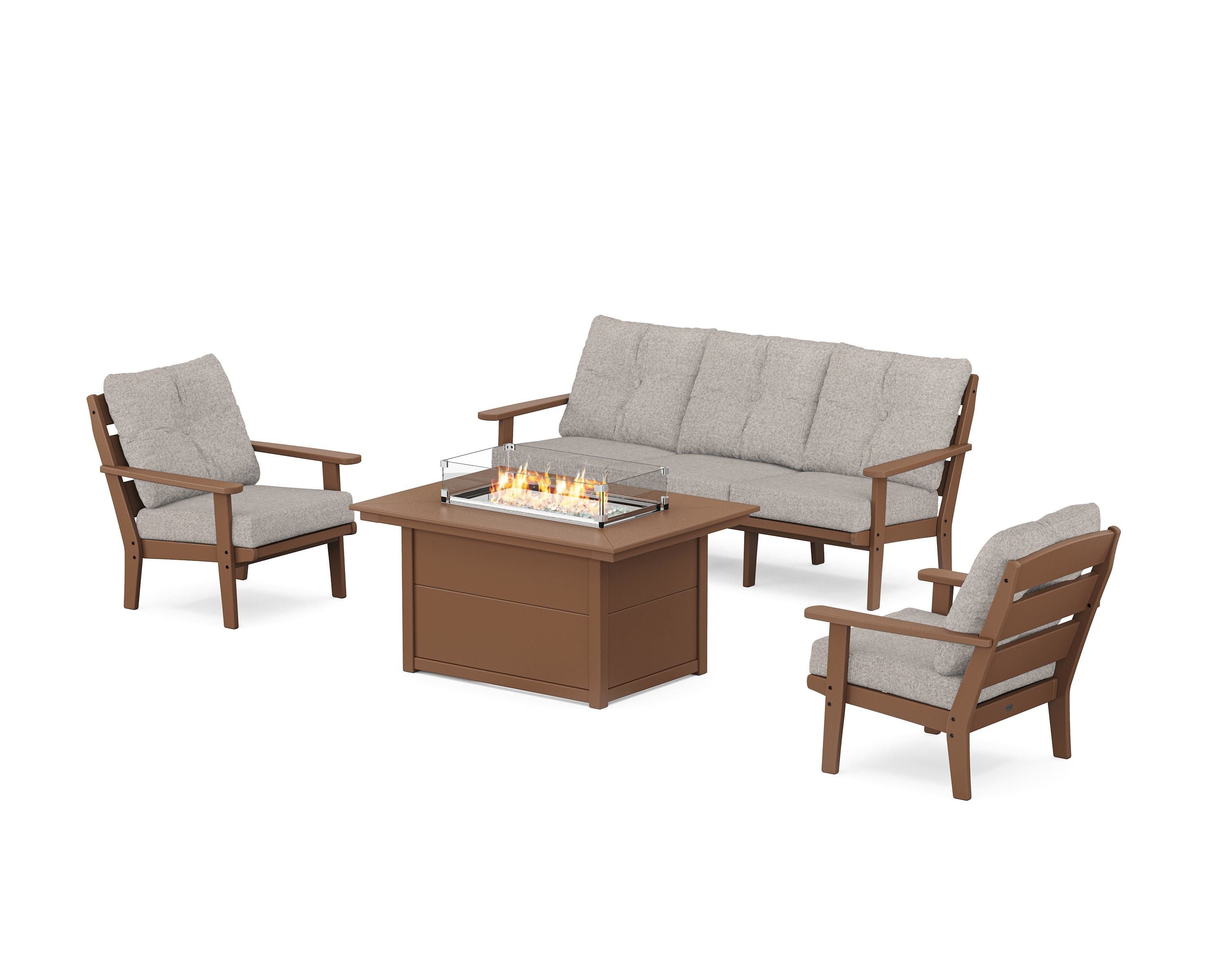 POLYWOOD® Lakeside Deep Seating Fire Pit Table Set in Teak / Weathered Tweed