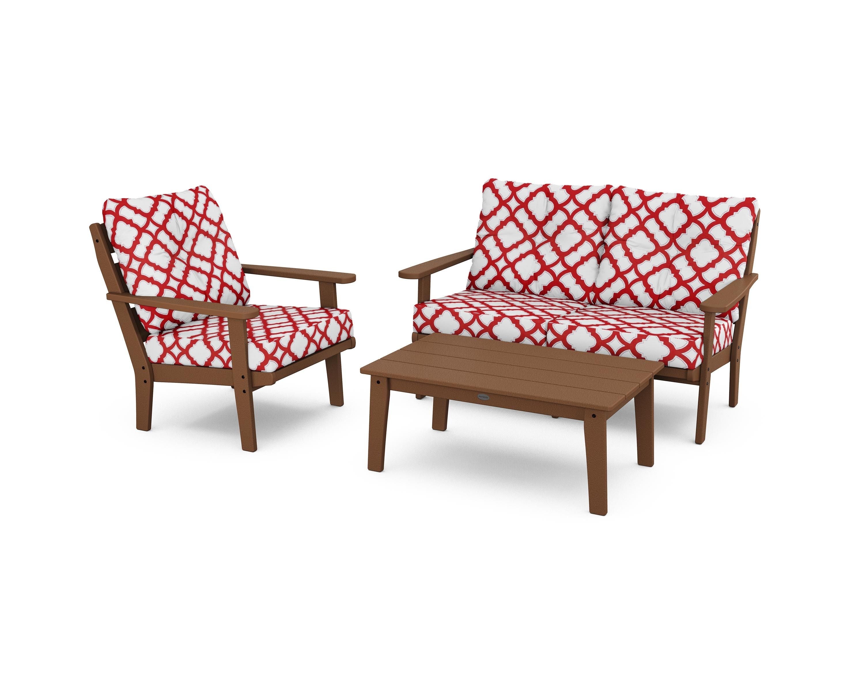 POLYWOOD® Lakeside 3-Piece Deep Seating Set in Teak / Trellis Crimson