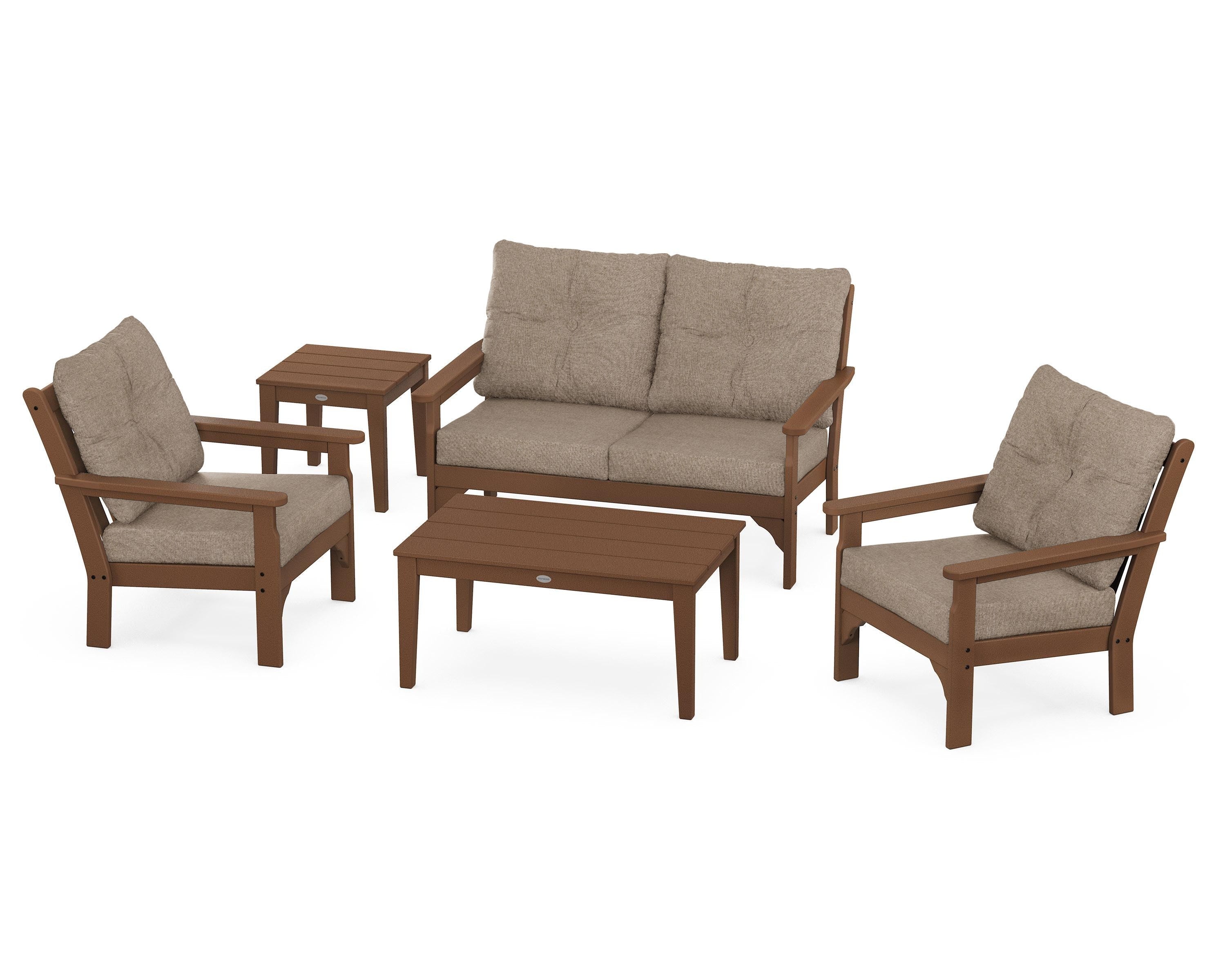 POLYWOOD® Vineyard 5-Piece Deep Seating Set in Teak / Spiced Burlap