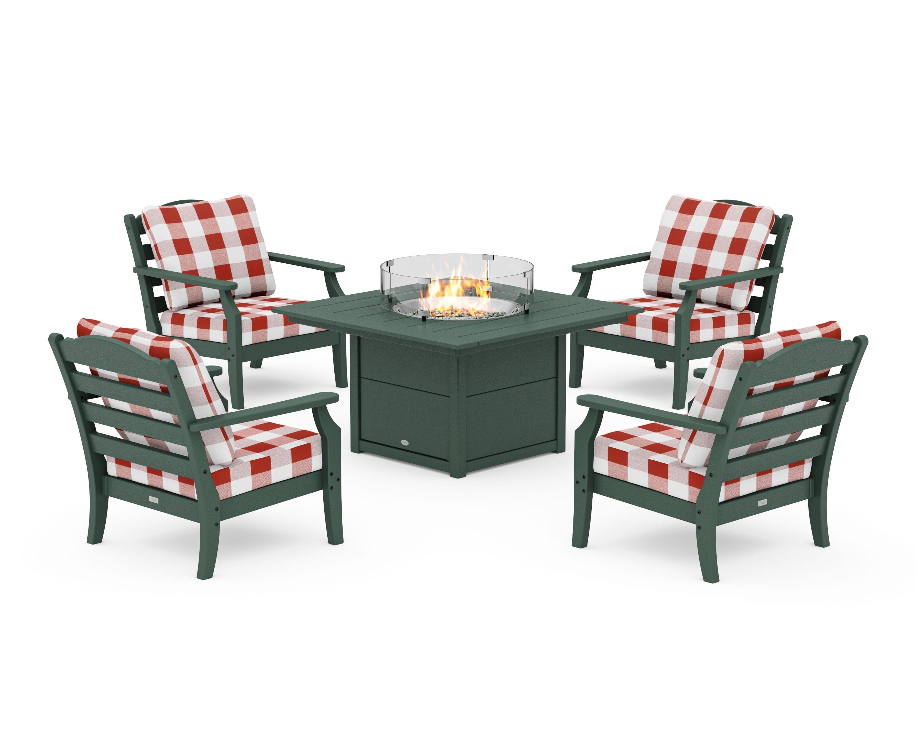Draper James™ by POLYWOOD® Savannah 5-Piece Deep Seating Set with Fire Pit Table in Green / Buffalo Plaid Crimson