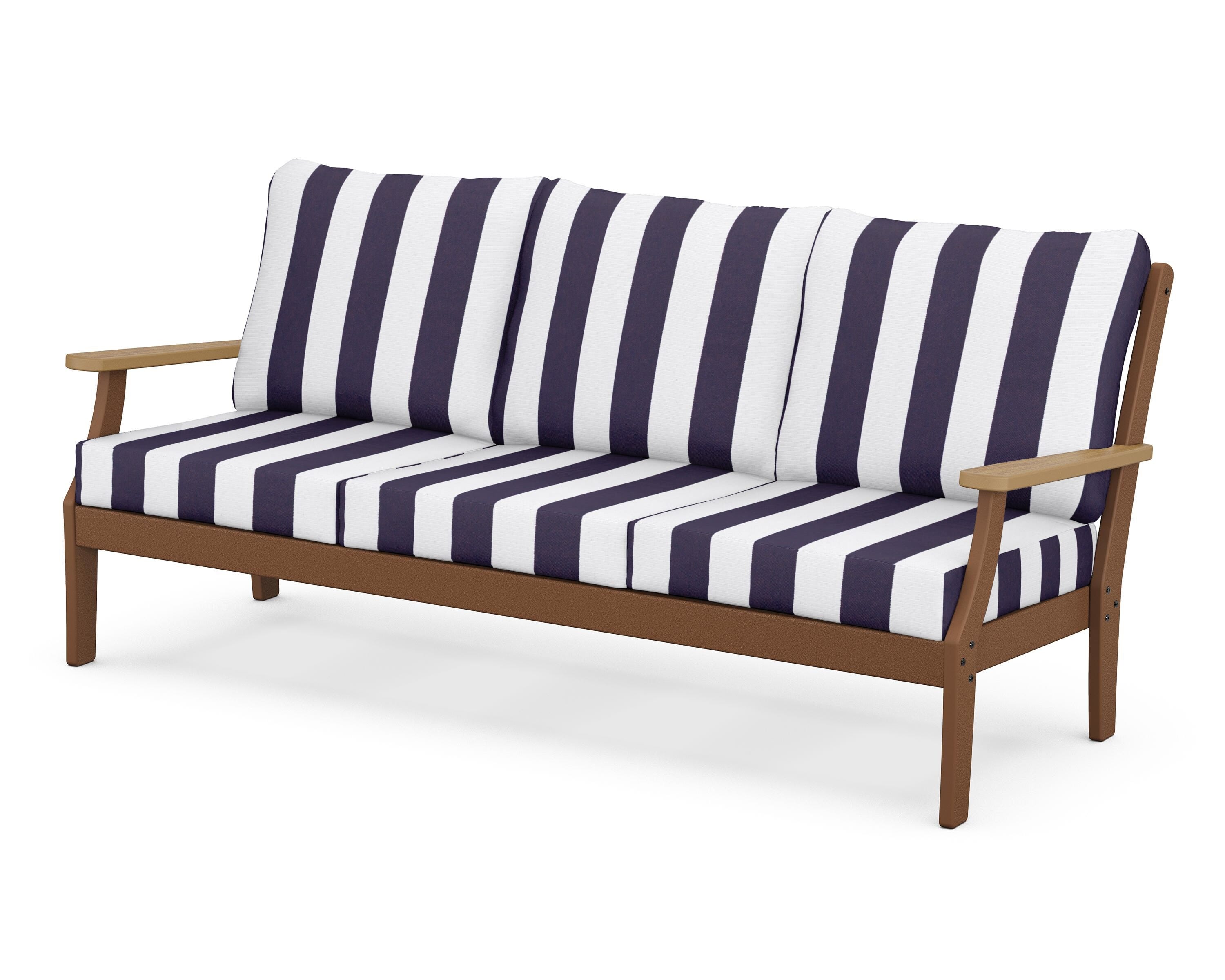 POLYWOOD® Braxton Deep Seating Sofa in Teak / Natural / Cabana Stripe Navy
