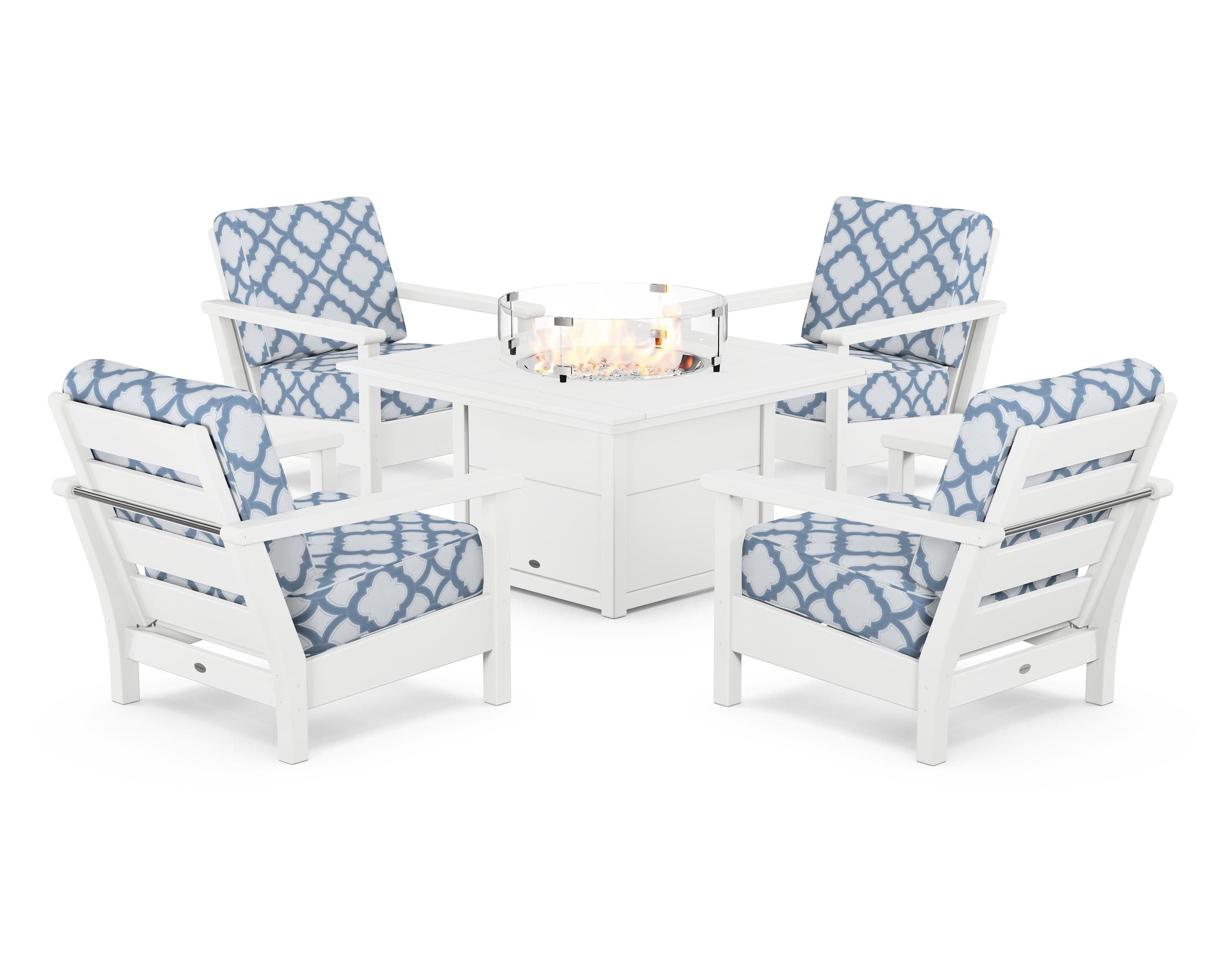 POLYWOOD® Harbour 5-Piece Conversation Set with Fire Pit Table in White / Trellis Sky Blue