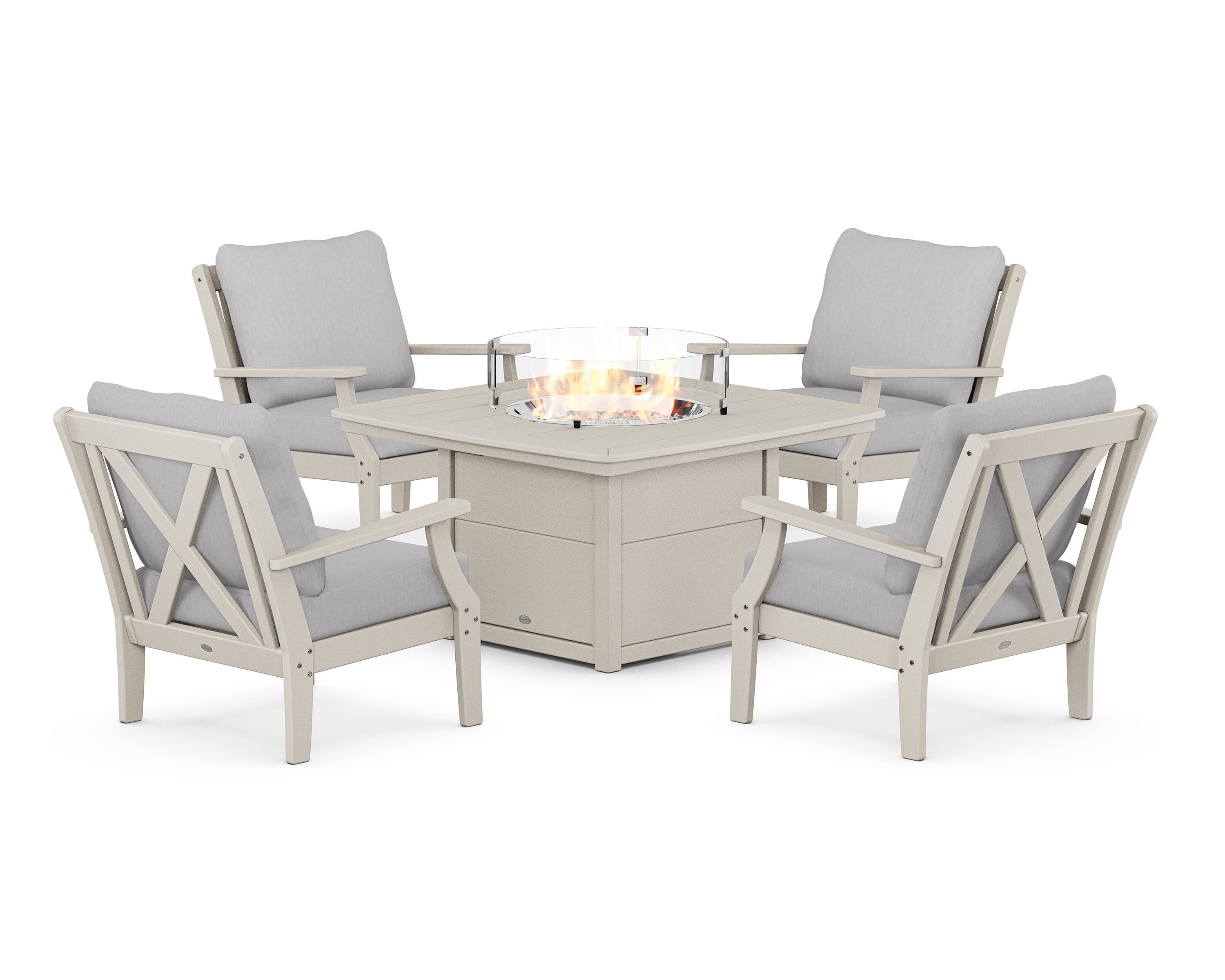 POLYWOOD® Braxton 5-Piece Deep Seating Conversation Set with Fire Pit Table in Sand / Granite